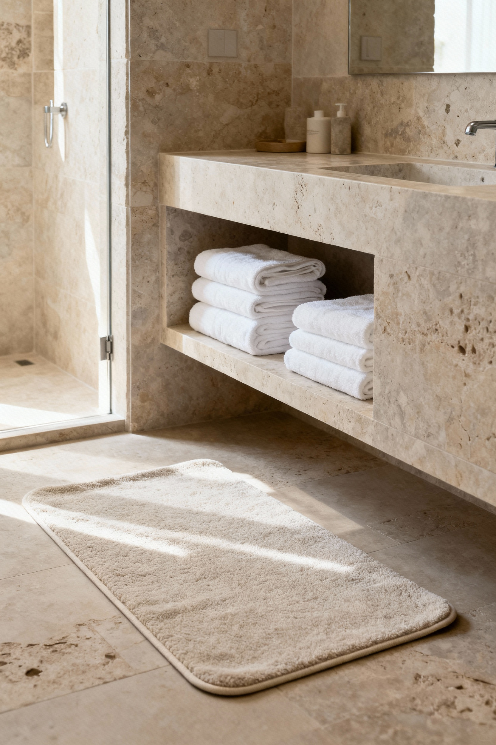 Crisp white organic cotton towels neatly folded in a bathroom vanity niche with a coordinating stone-textured bath mat, showcasing thoughtful linen selection for cohesive visual texture.