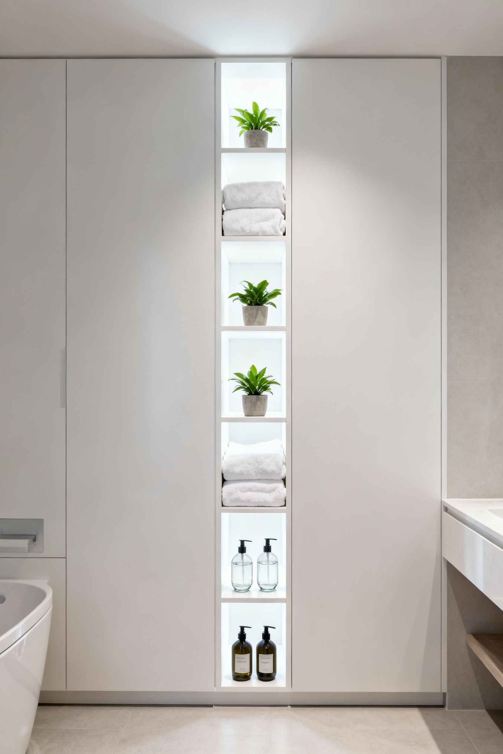 Modern bathroom with built-in bespoke shelving maximizing vertical storage, neatly organizing towels and plants in a minimalist design.