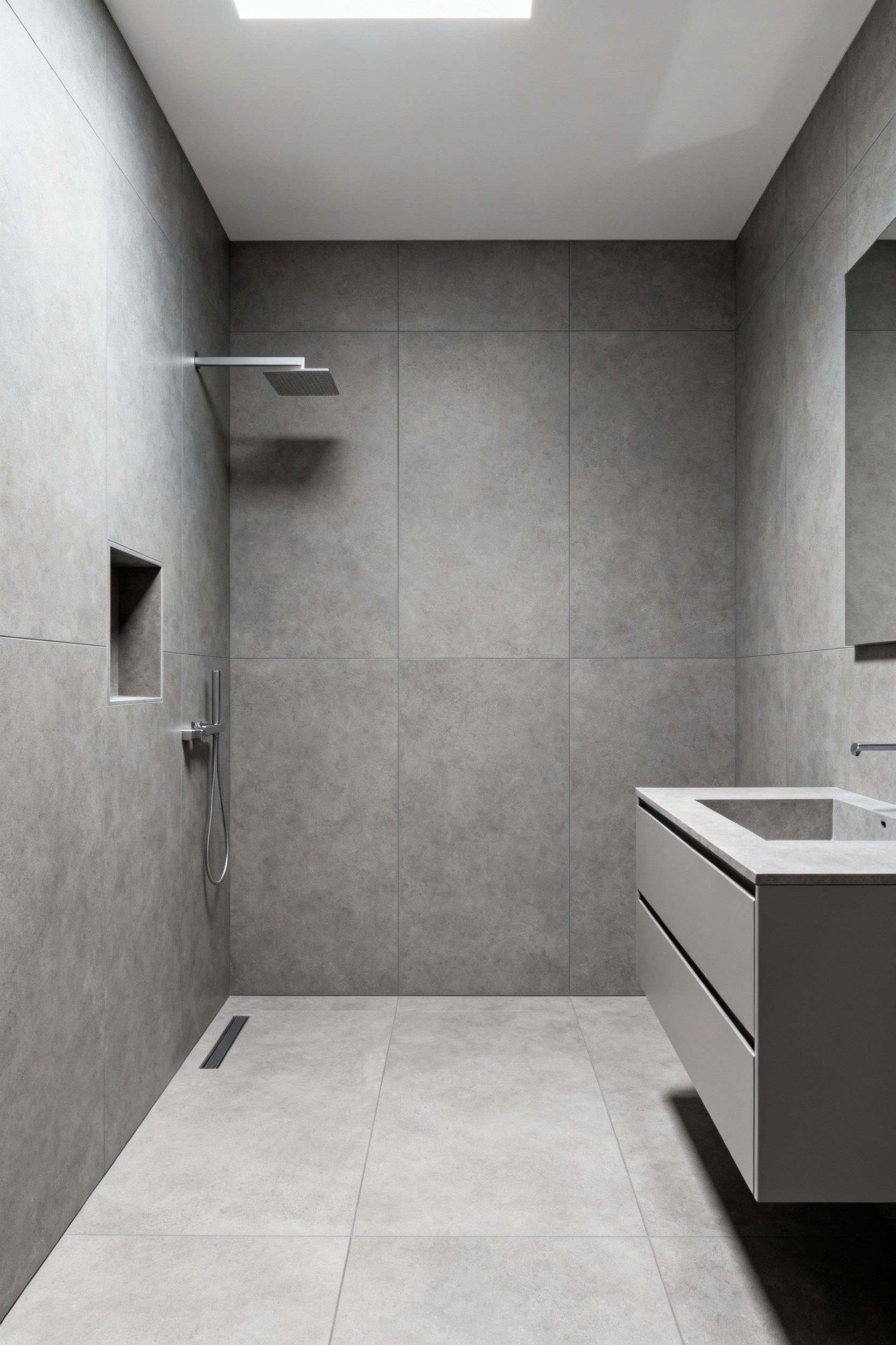 Modern bathroom with seamless large-format grey tiles on walls and floor, featuring a flush-mounted shower niche and integrated, handle-less vanity for a harmonized surface design.
