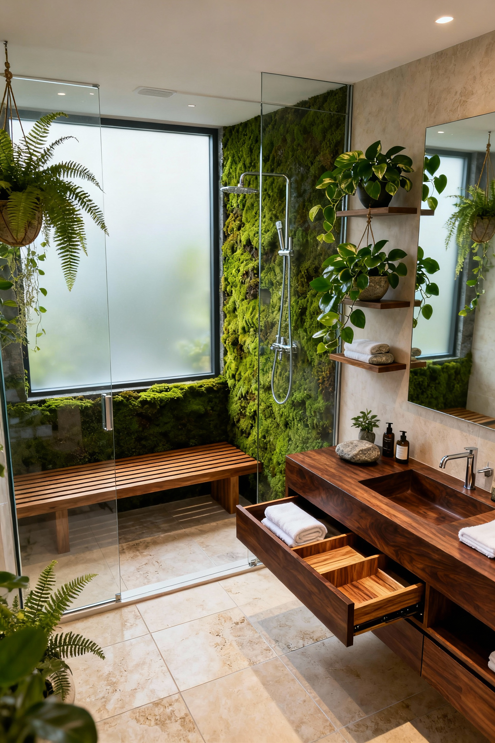 Modern spa-like bathroom designed with biophilic principles, featuring a live moss wall in a walk-in shower, a dark walnut floating vanity, lush green ferns, and Pothos plants, and natural travertine flooring, creating a serene, wellness-oriented environment.