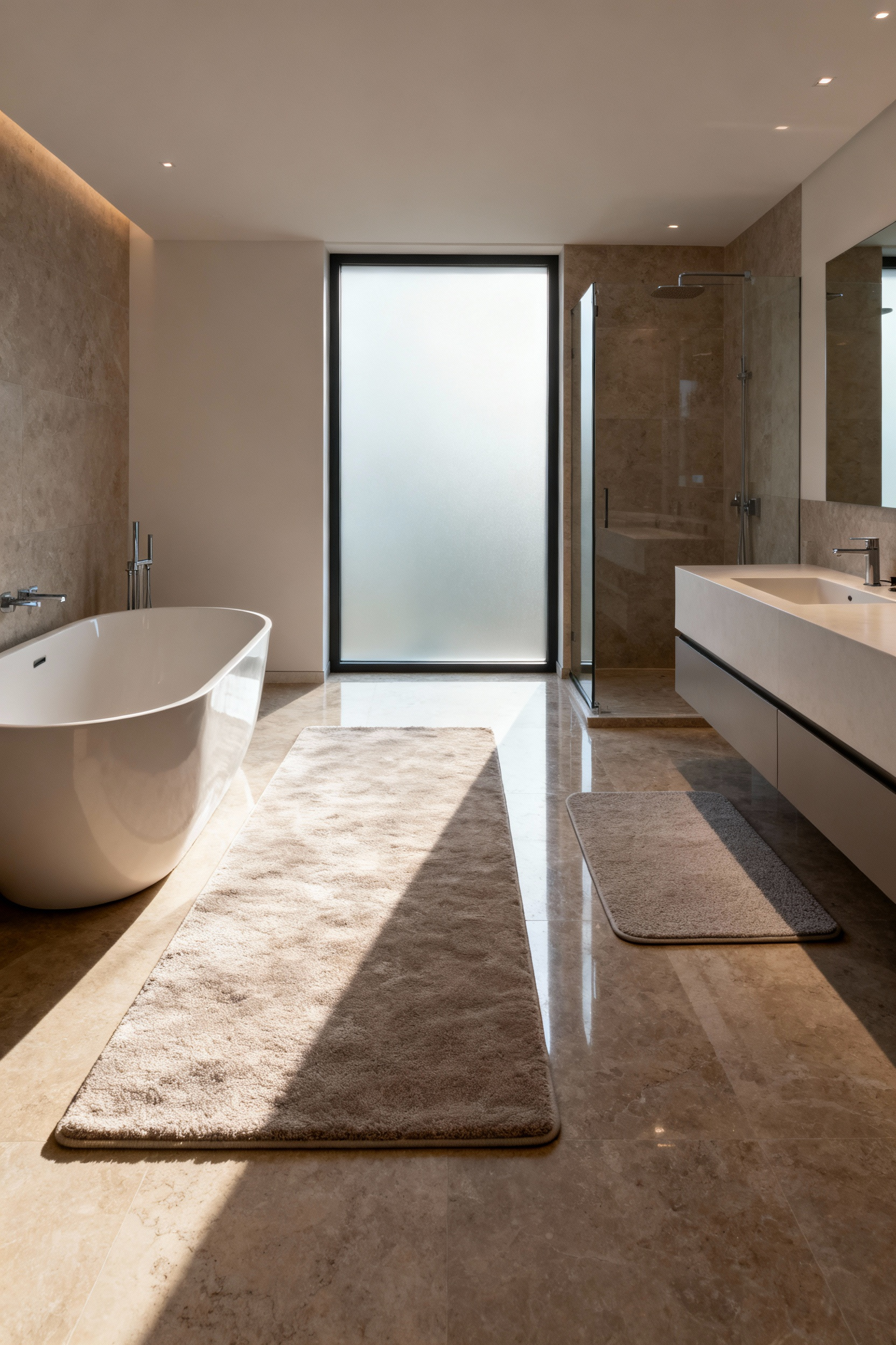 A luxurious master bathroom interior showing strategic rug placement, with a large area rug defining the double vanity zone and a smaller mat by the shower exit, enhancing warmth and visual separation.