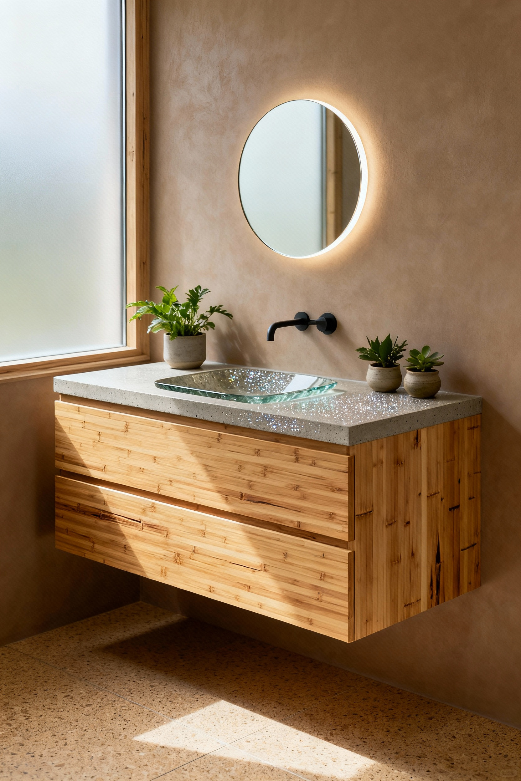 A modern bathroom featuring a floating bamboo plywood vanity and a recycled glass composite countertop, symbolizing sustainable bathroom materials and eco-conscious design.