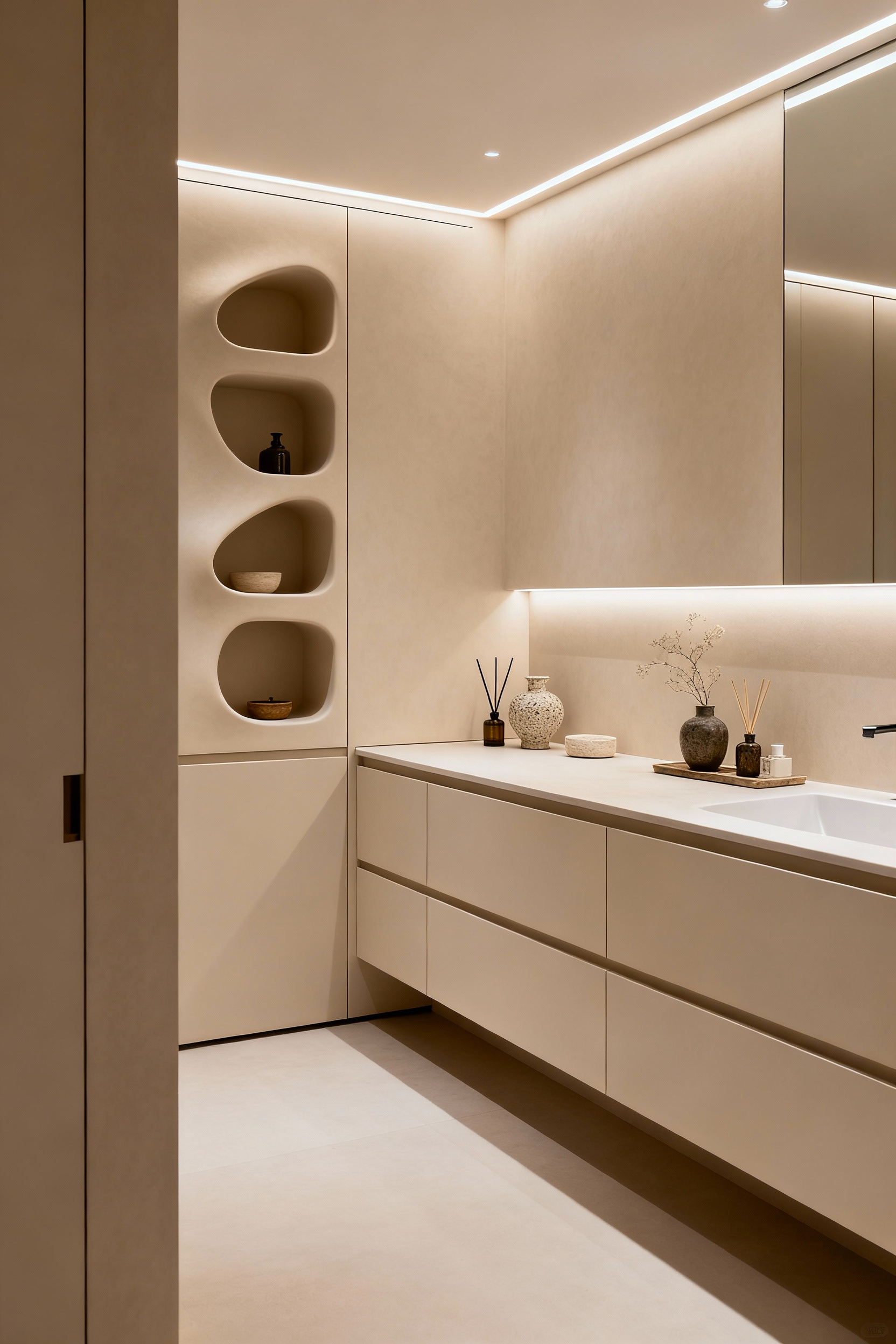 A pristine modern bathroom featuring a seamless, matte-finished built-in storage system that acts as a sculptural element, showcasing elegant design.