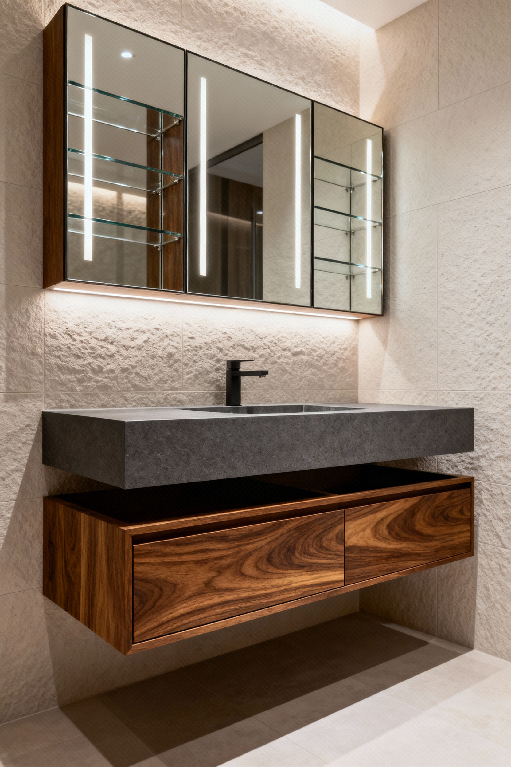 Modern luxury bathroom with a floating dark composite stone vanity and wire-brushed walnut drawers, accented by an internally lit mirrored medicine cabinet, showcasing diverse material textures.