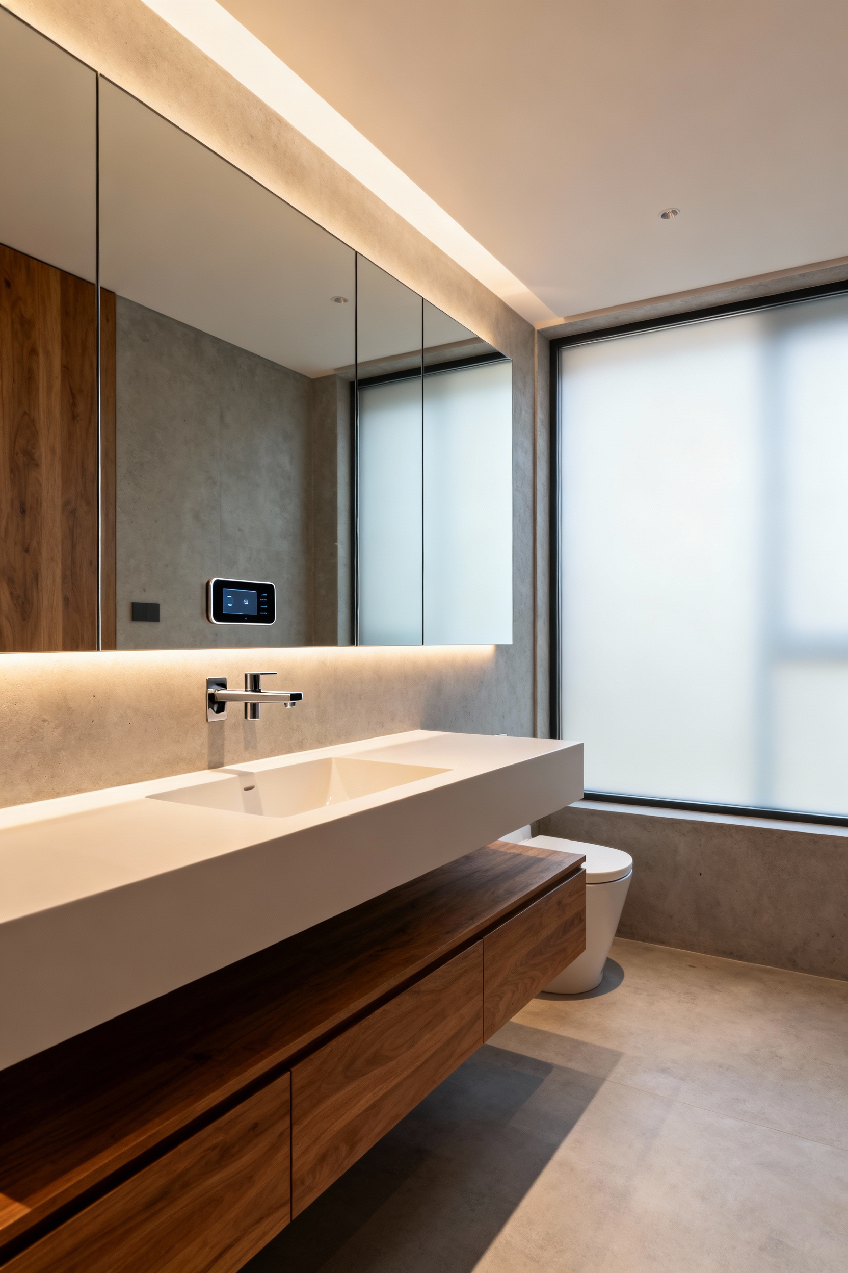Modern bathroom with integrated smart mirror, touchless faucet, and ambient smart lighting, showcasing elevated comfort and efficiency.