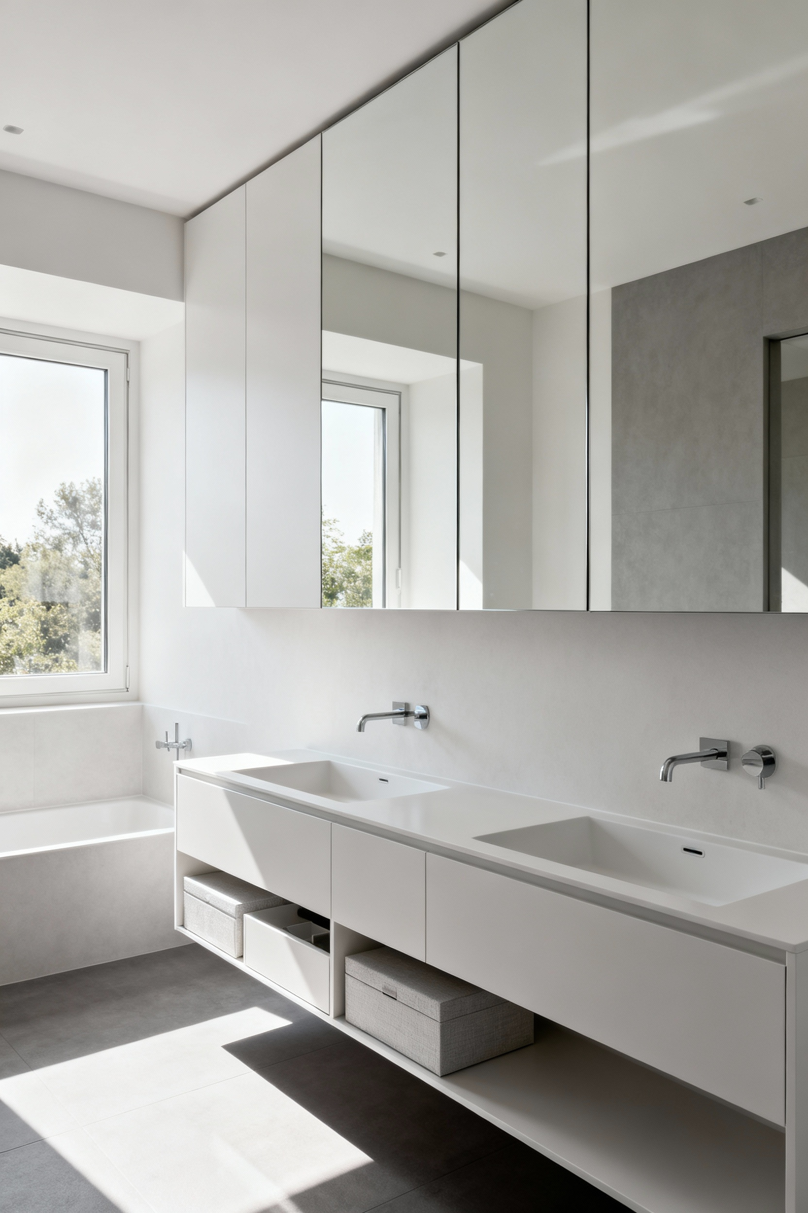 Modern bathroom with integrated storage cabinetry, sleek floating vanity, mirrored cabinets, and a clutter-free design