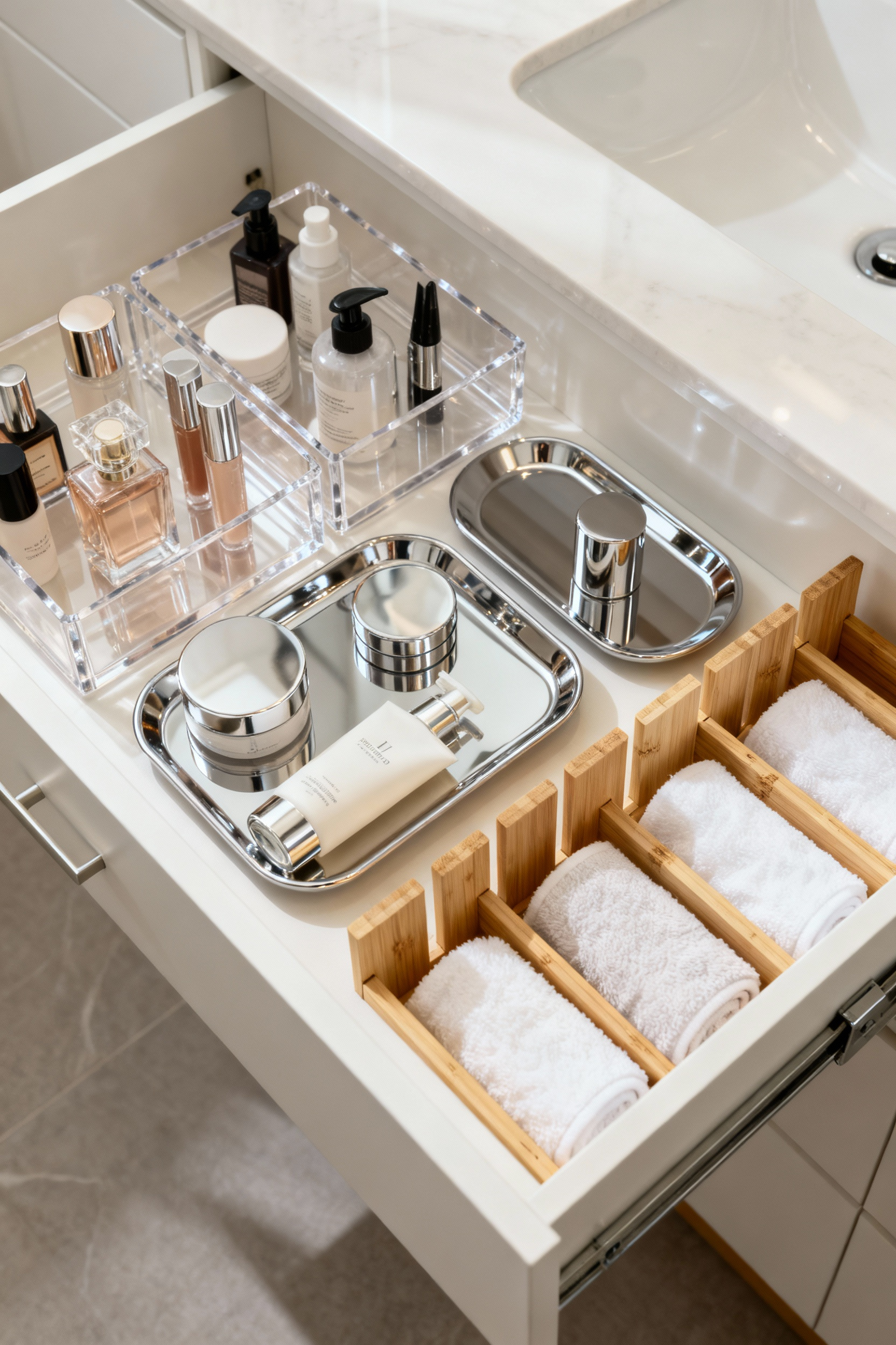 Overhead view of a perfectly organized bathroom vanity drawer featuring clear acrylic and bamboo organizers, filled with neatly arranged toiletries and cosmetics under soft, natural light.