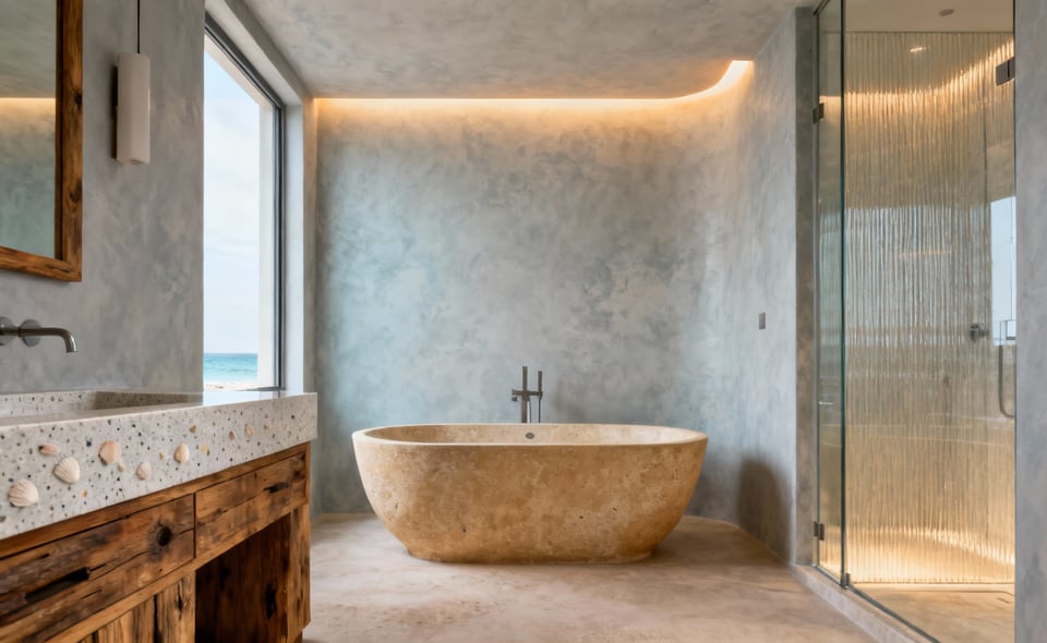 Elegant beach bathroom with sand-toned honed limestone, sea-blue accents, and sky-gray Venetian plaster, showcasing a sophisticated coastal color palette and textured materials.