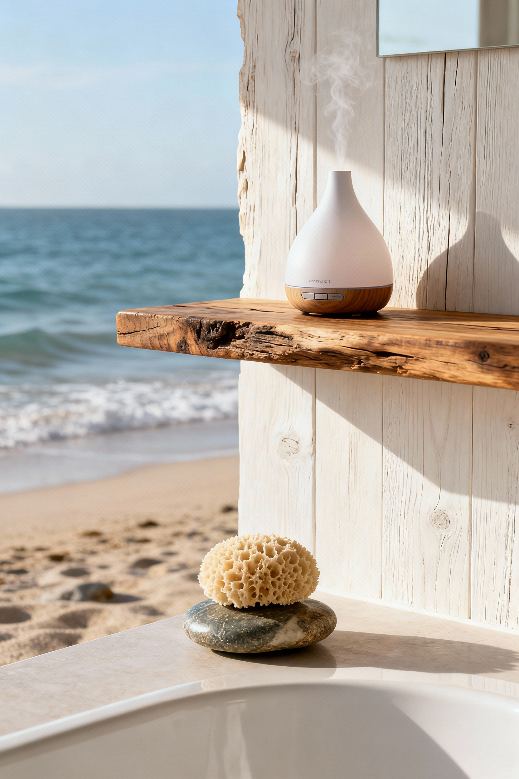 Serene beach bathroom interior featuring a discreet marine scent diffuser on reclaimed teak shelf, limed white oak accent wall, and natural sponge, evoking a tranquil coastal ambiance.