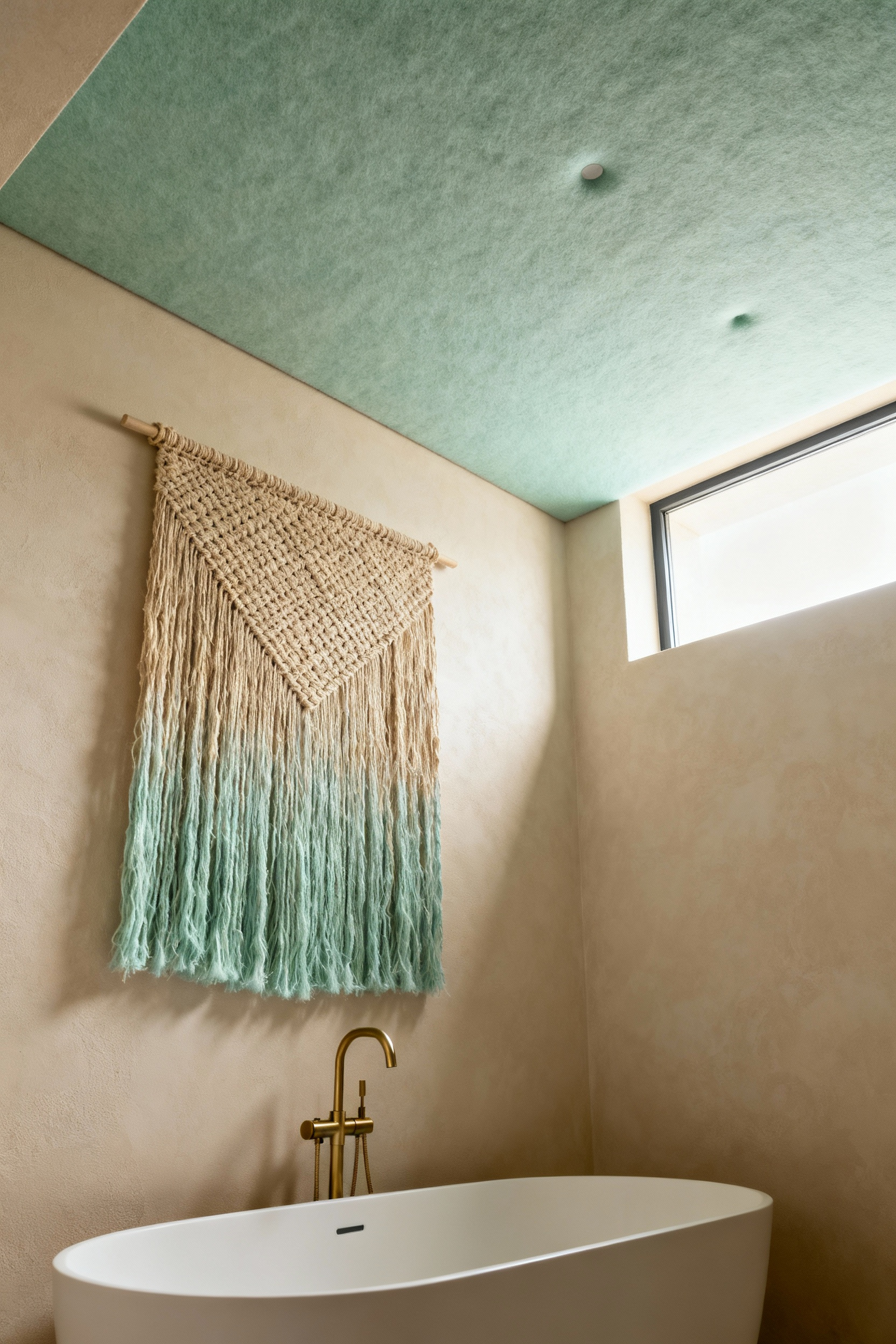 A serene portrait view of a luxurious beach bathroom featuring smooth acoustic plaster walls and ceiling, a natural fiber woven wall hanging, and a sleek soaking tub, designed to minimize echoes.