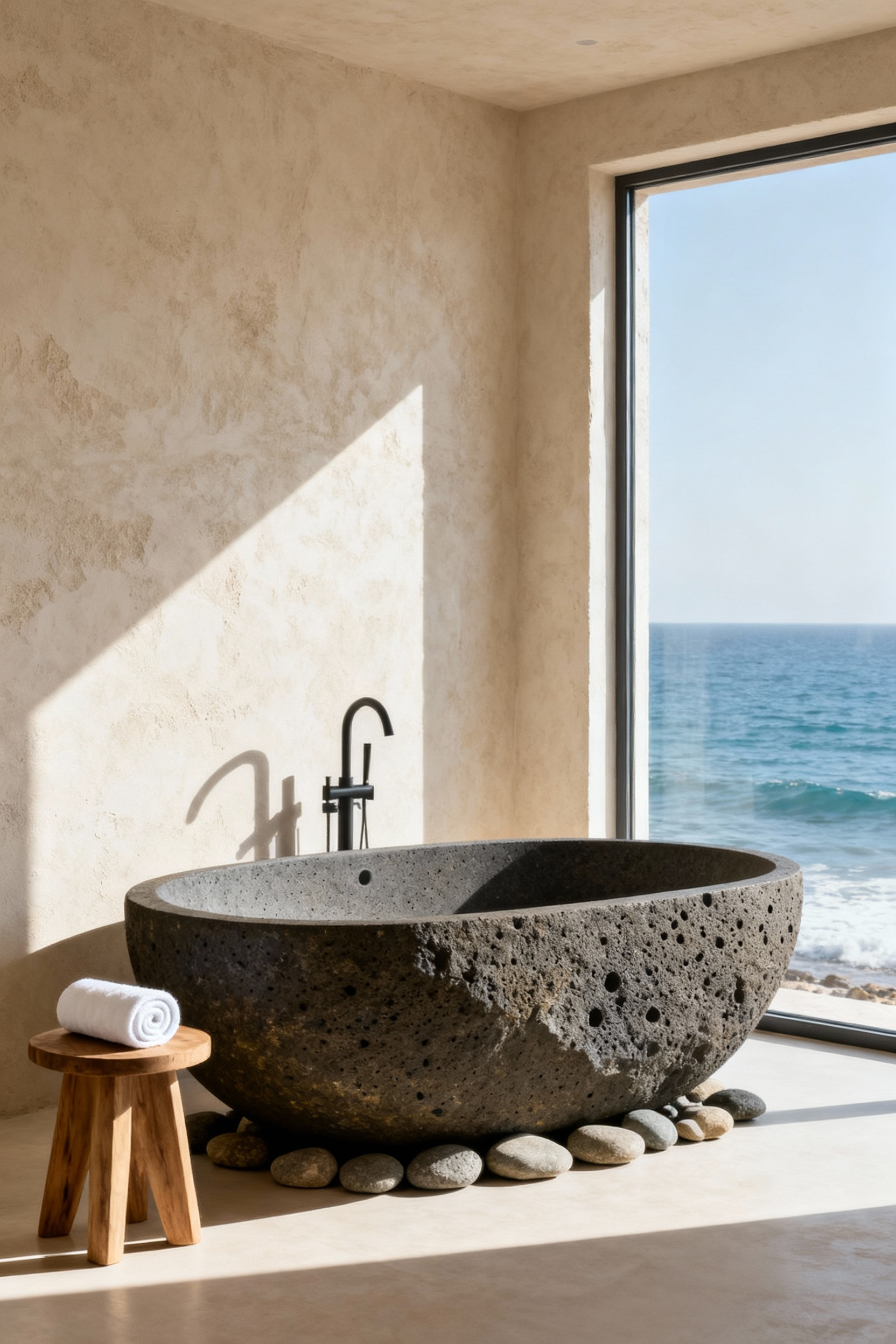 Luxurious freestanding ovoid natural stone tub in a light, serene coastal bathroom with soft natural light and ocean views.