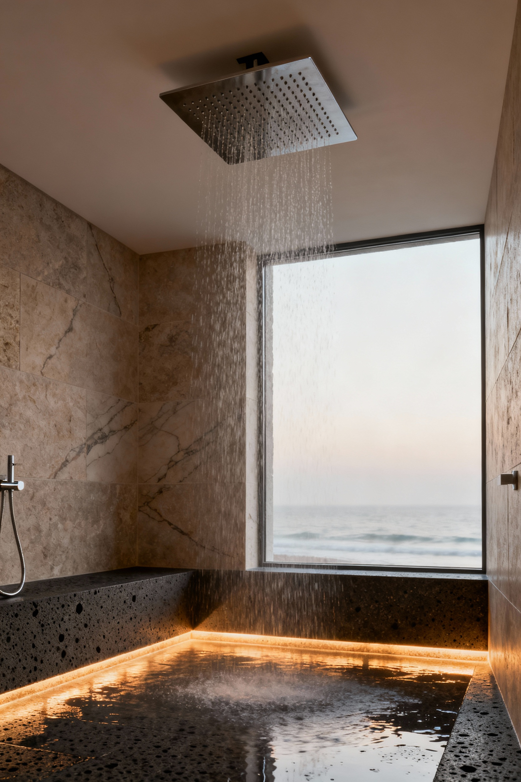 Luxurious beach bathroom shower with warm, radiant heated honed basalt stone flooring and a modern, integrated rainhead deluge, designed for ultimate comfort.