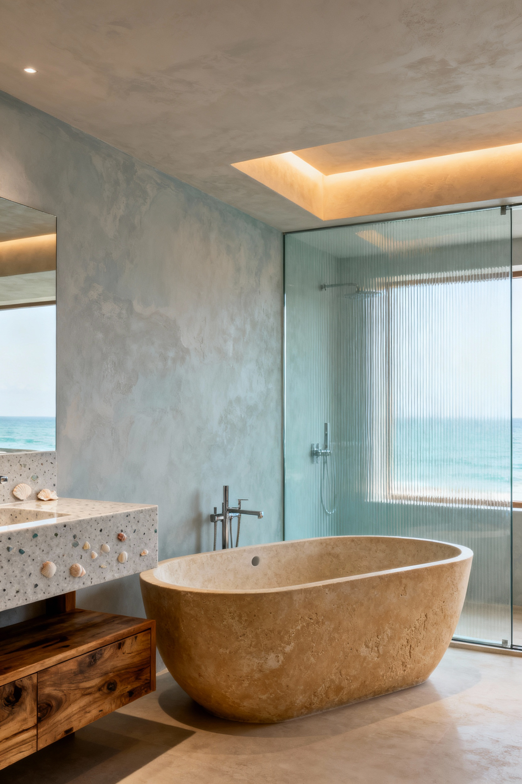 Elegant beach bathroom with sand-toned honed limestone, sea-blue accents, and sky-gray Venetian plaster, showcasing a sophisticated coastal color palette and textured materials.