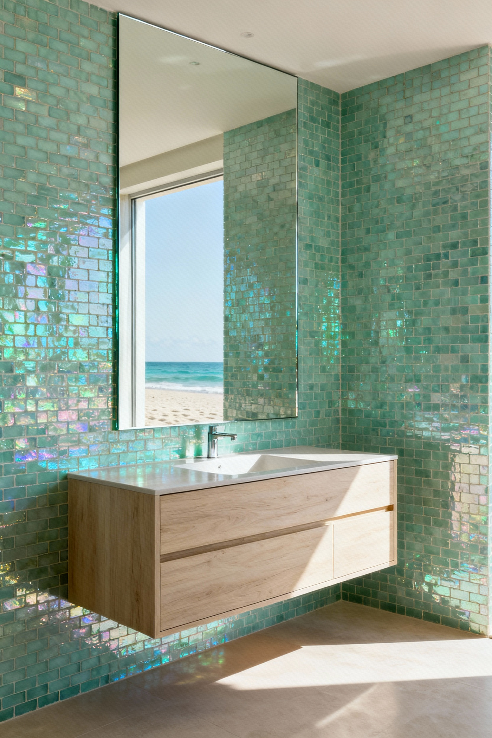 Luxury beach bathroom featuring a large frameless mirror and iridescent seafoam green zellige tiles, reflecting natural light and enhancing spatial perception.