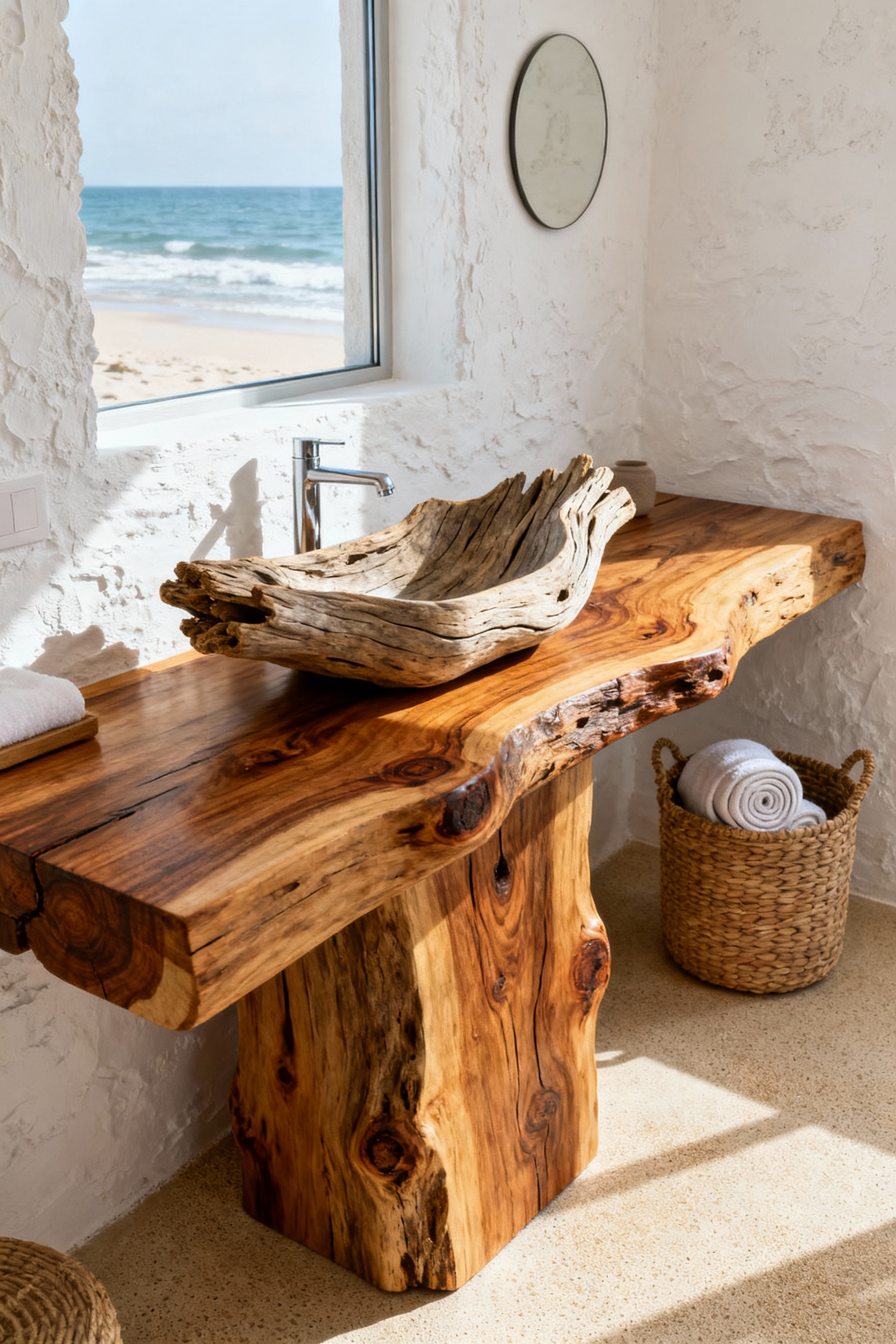 A stunning vanity made from reclaimed teak with a weathered driftwood basin in a sunlit beach bathroom, featuring organic forms and natural textures.