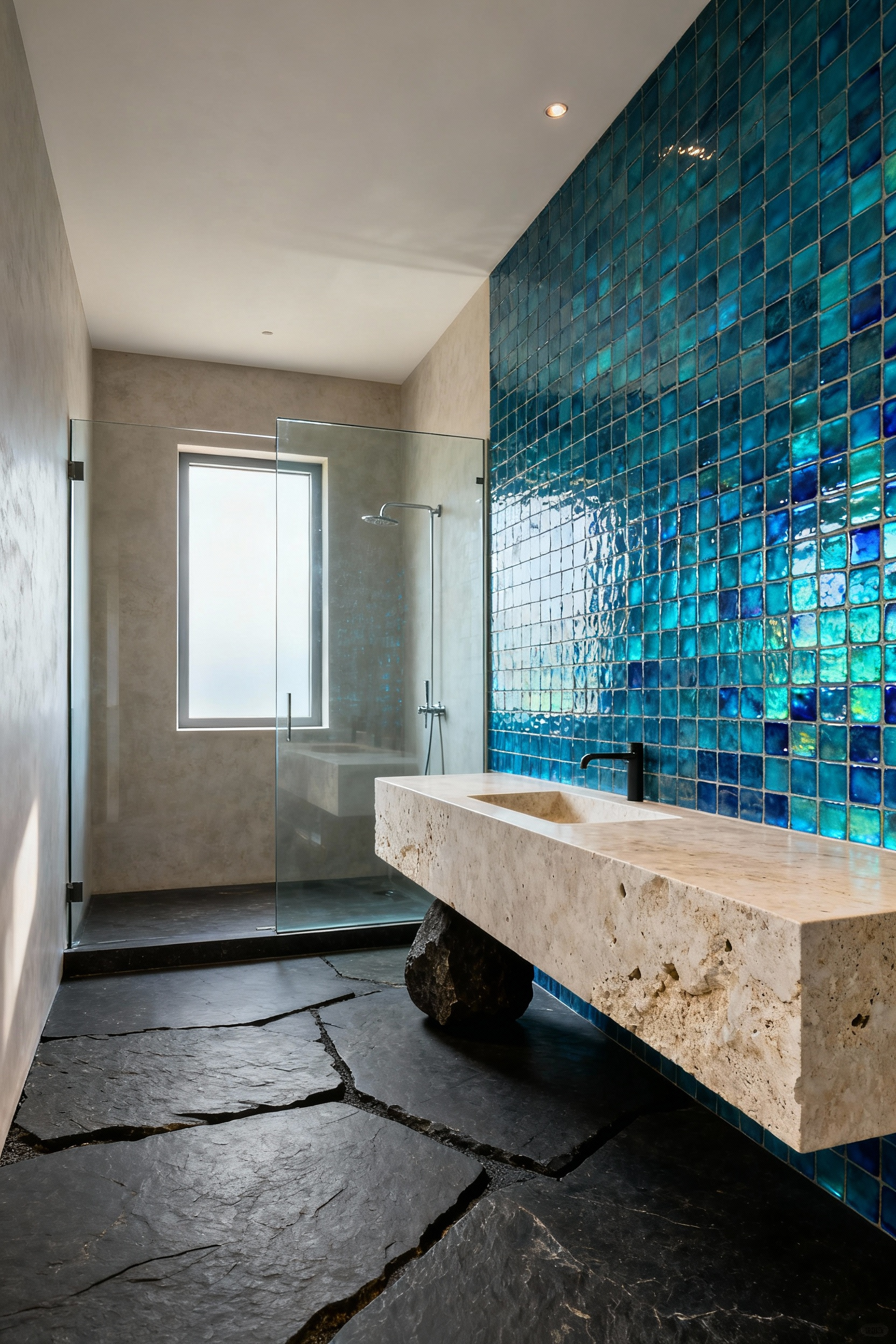 A luxurious beach bathroom featuring dark honed basalt floor tiles, a light brushed travertine vanity, and shimmering iridescent blue zellige wall tiles, showcasing hydrophobic textures for durability and aesthetic depth.