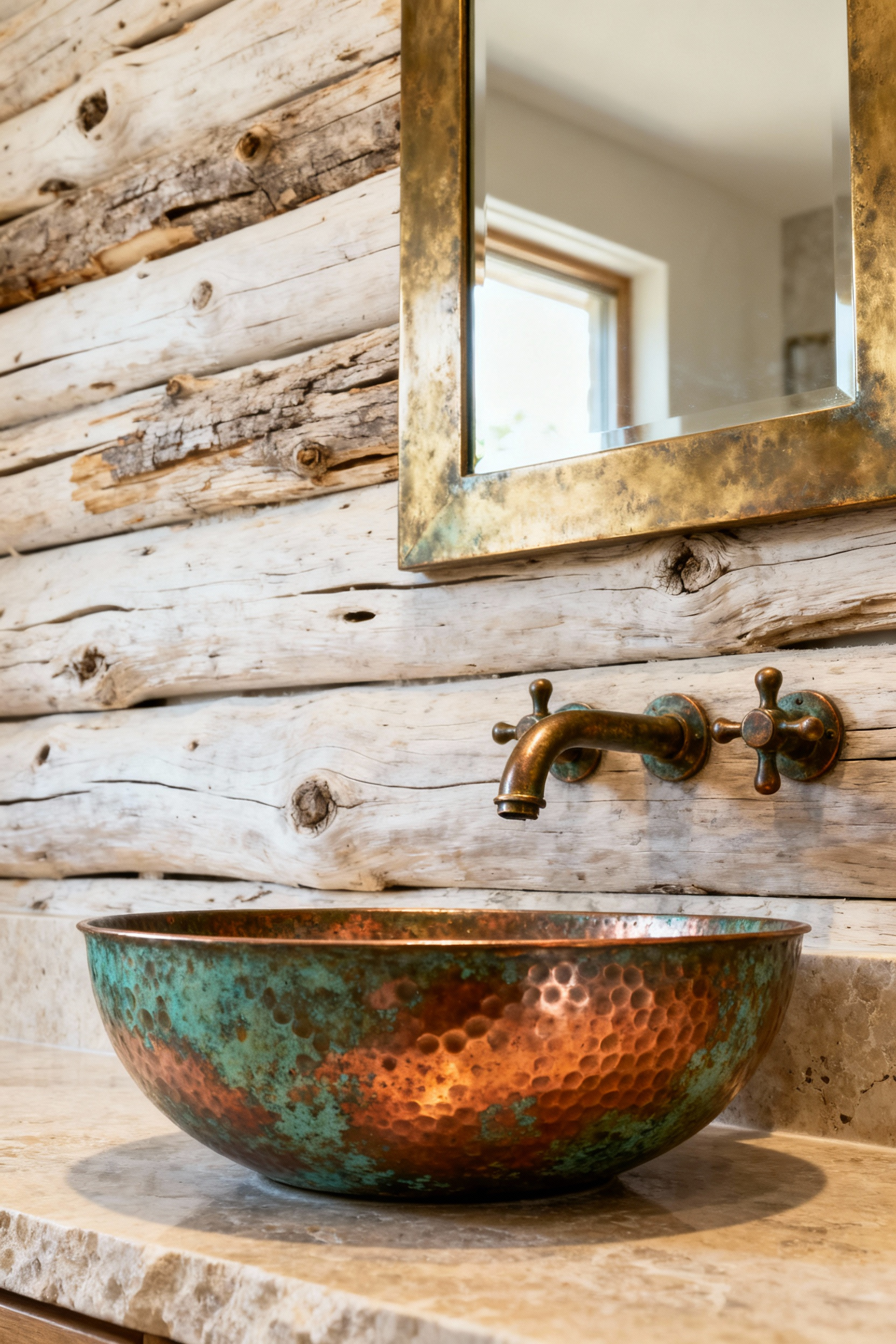 Close-up of a hand-hammered verdigris patinated copper vessel sink and aged bronze faucet on a honed limestone counter in a serene beach bathroom, surrounded by bleached wood. Evokes a sense of oxidized allure and coastal elegance.