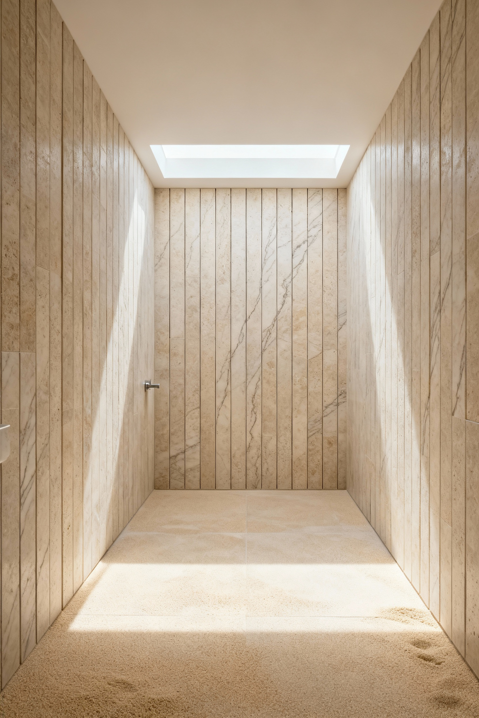 Bathroom featuring diverse coastal materials: a tactile wall of honed stone contrasted with light, sand-finish micro-topping flooring, bathed in natural light.