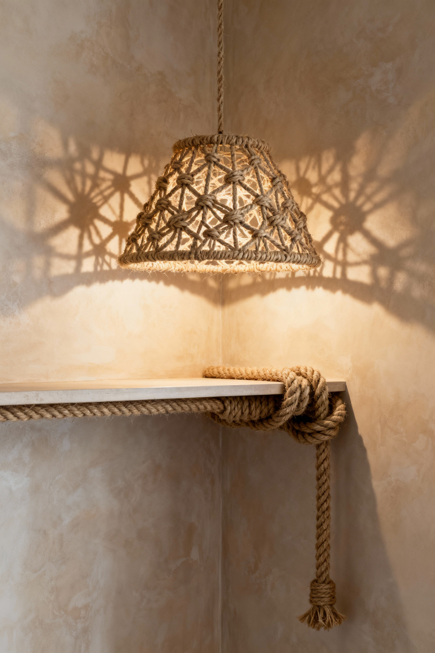 Beach bathroom featuring bespoke macramé marine ropework as a sophisticated architectural detail, integrating textural depth and biophilic design.