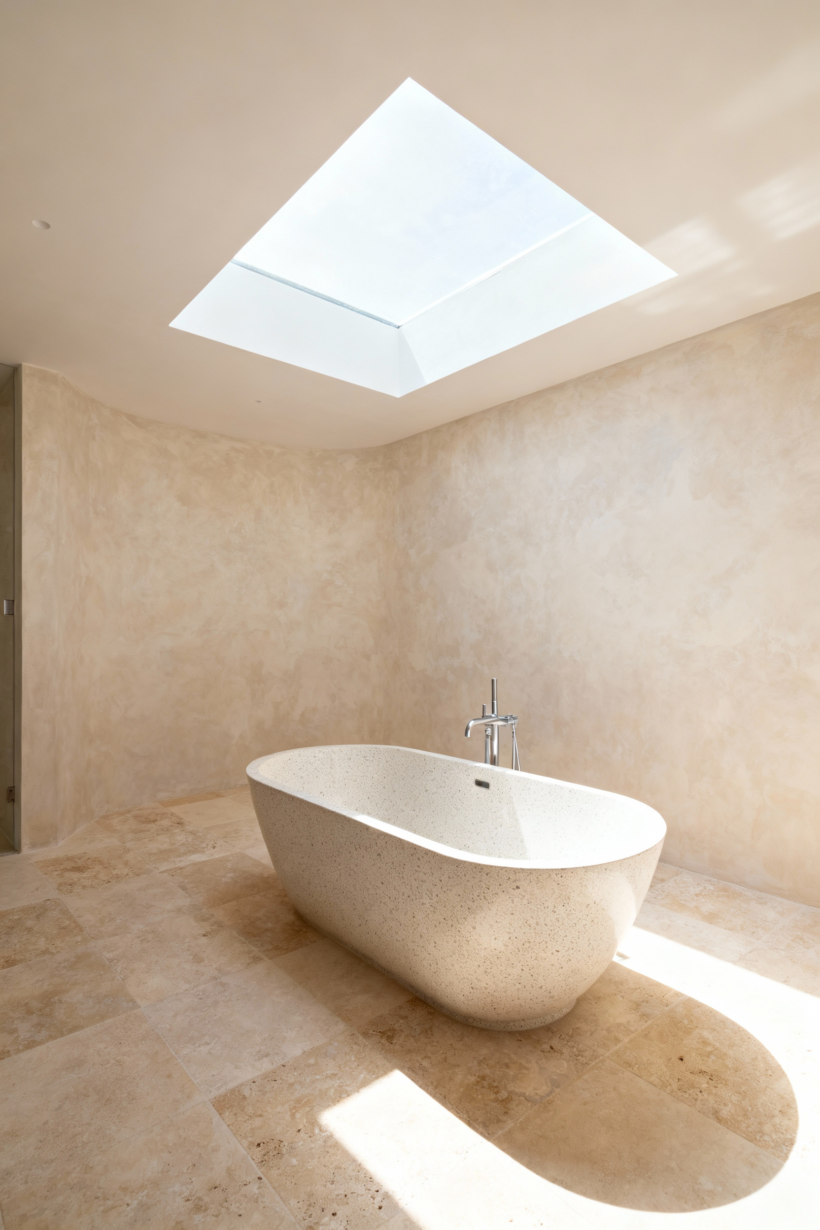 A bright beach bathroom featuring a large skylight providing soft zenithal illumination over a free-standing terrazzo bathtub and honed limestone floors. The scene highlights the harmonious natural light, coastal aesthetic, and luxurious textures.