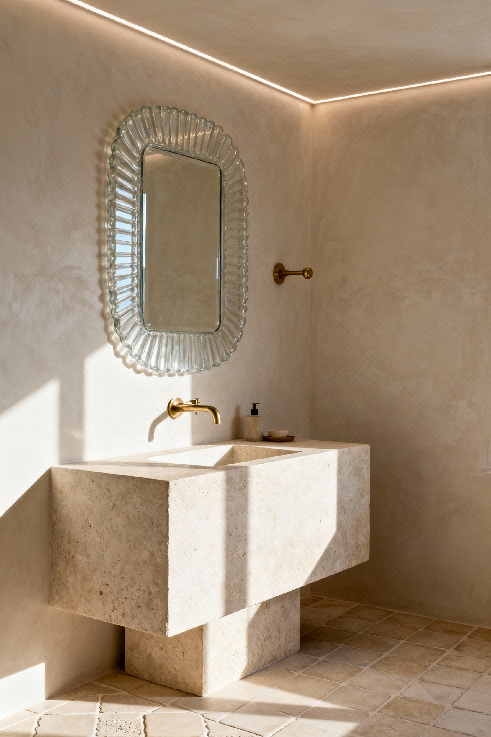 A serene minimalist beach bathroom featuring a honed limestone vanity, fluted glass mirror, brushed brass fixtures, and soft indirect lighting, showcasing elegant material interplay for 'unburdened lux'.