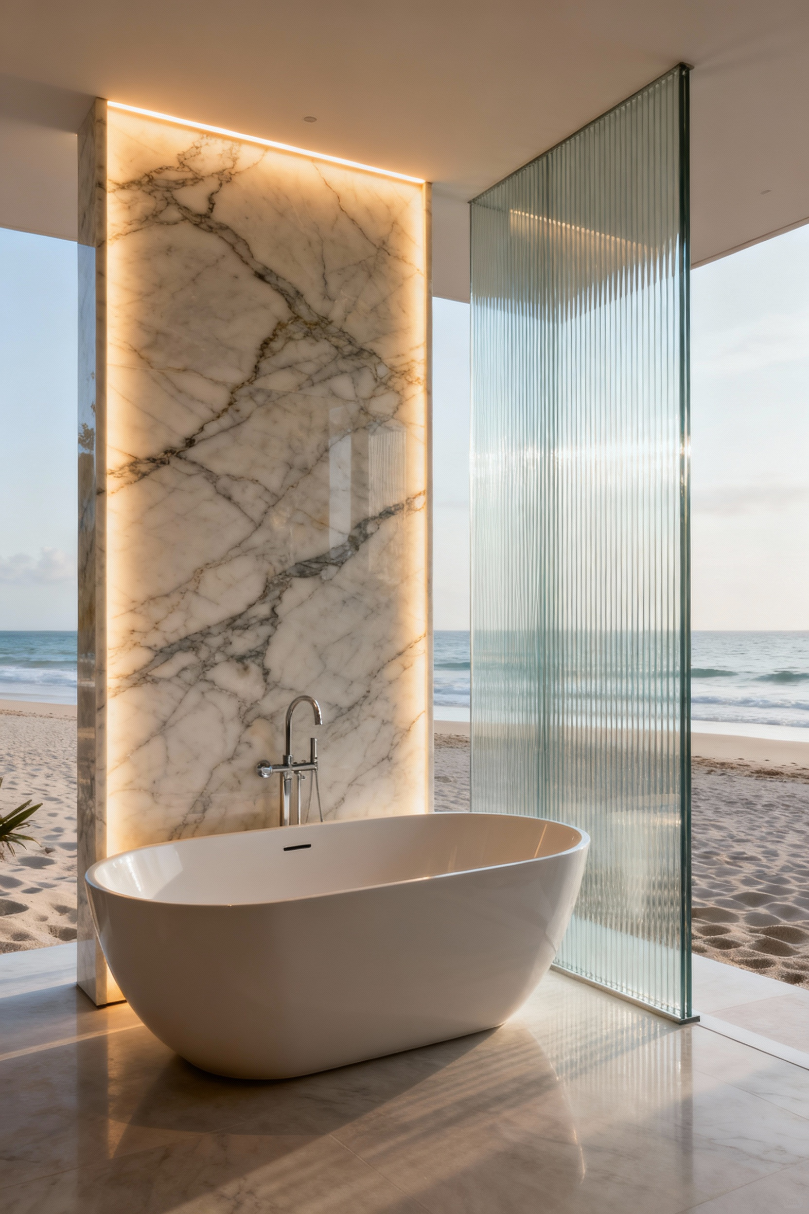 Luxury beach bathroom with a freestanding backlit onyx wall and a ribbed glass shower partition, featuring soft, ambient lighting.