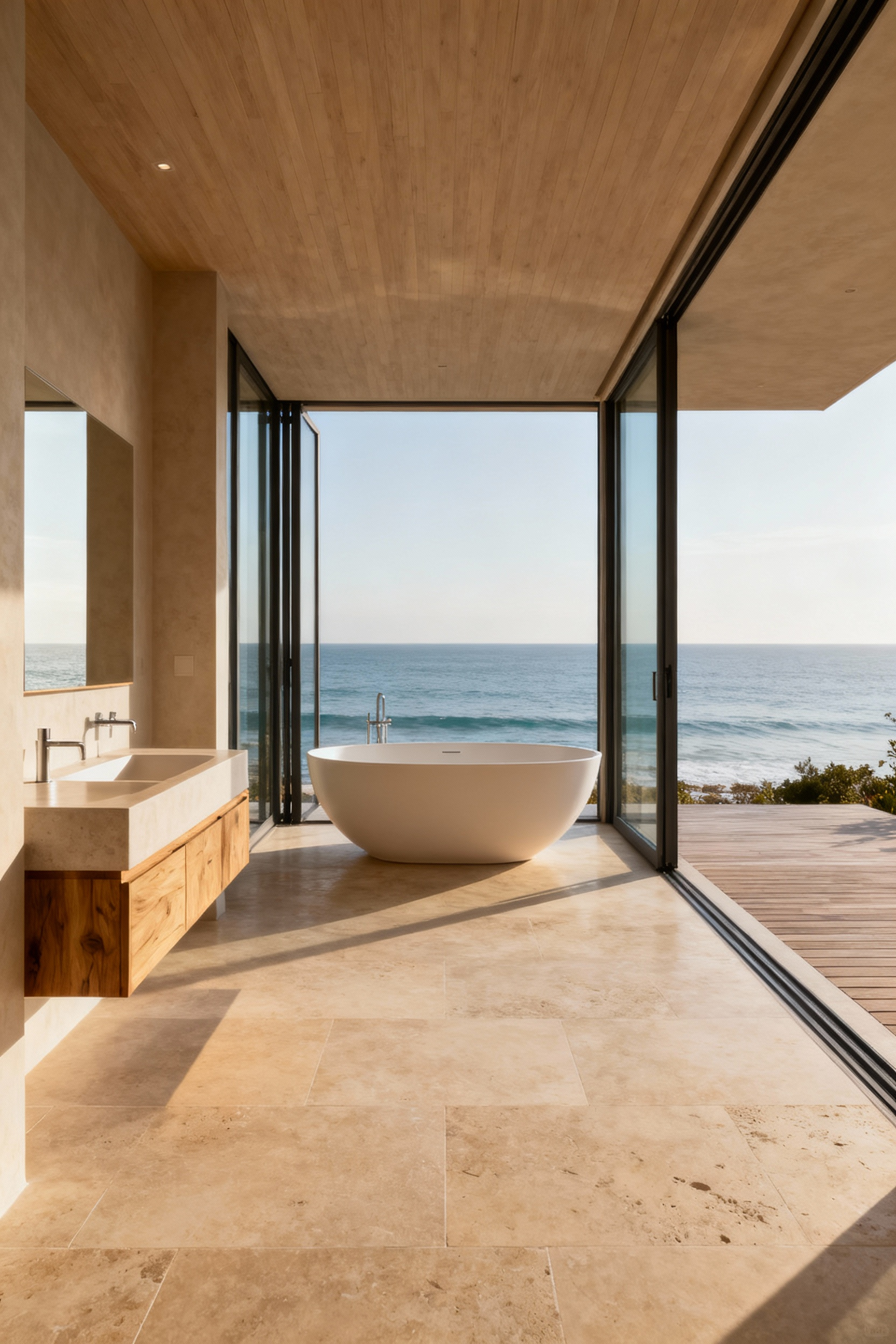 Luxury open-concept beach bathroom with seamless indoor-outdoor flow, retractable glass walls, freestanding tub, natural stone flooring, and ocean view.