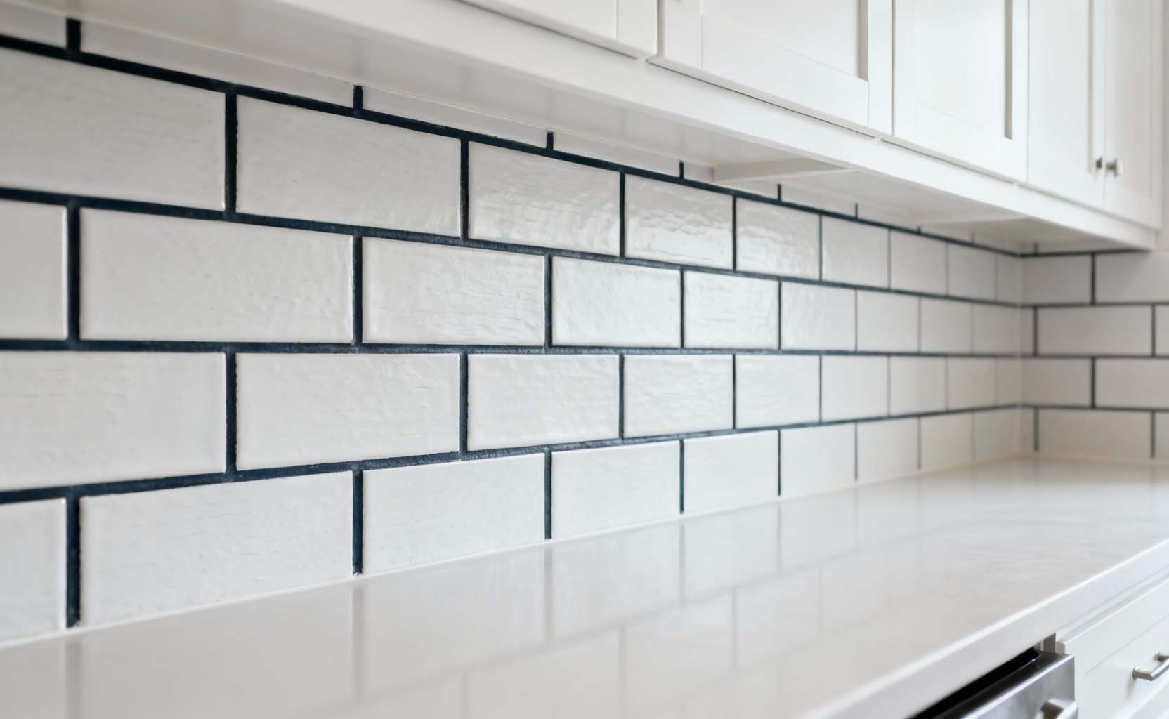 White subway tile kitchen backsplash with dark gray grout and white shaker cabinets.