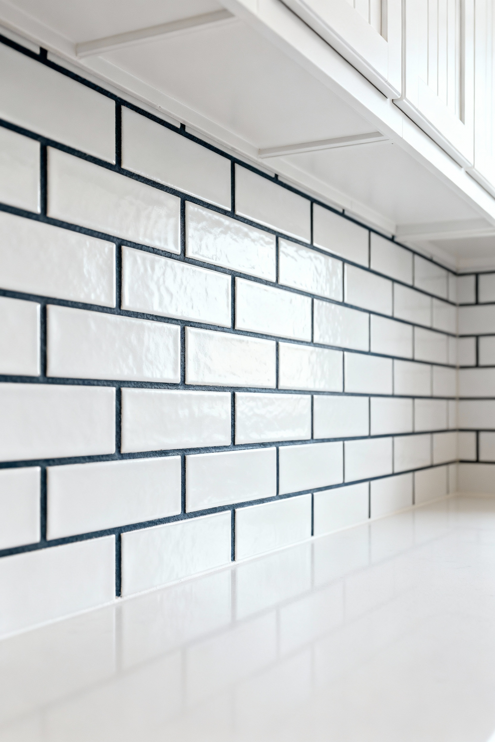 White subway tile kitchen backsplash with dark gray grout and white shaker cabinets.