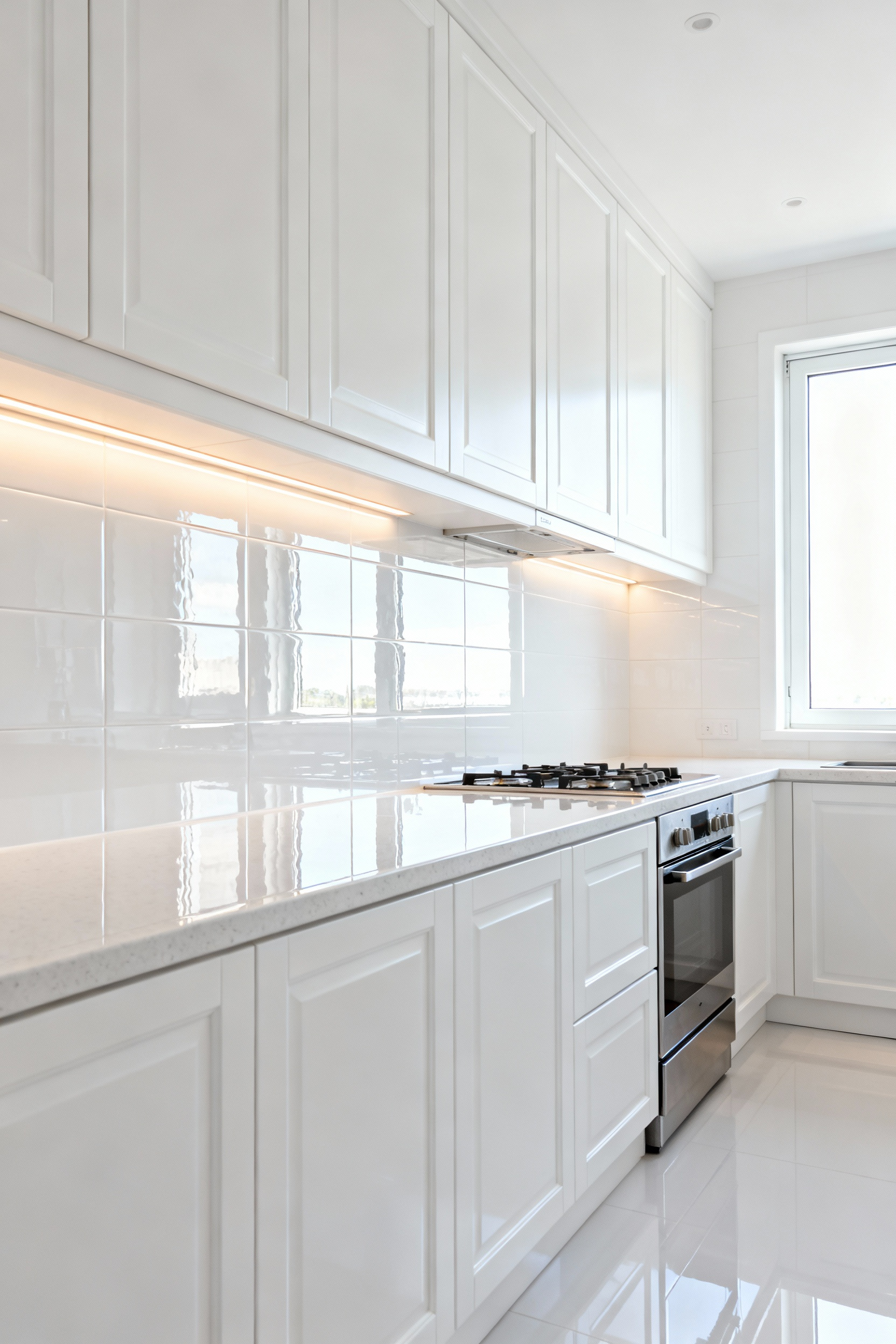 White kitchen with polished glass tile backsplash reflecting natural light, creating a brighter and more spacious appearance.