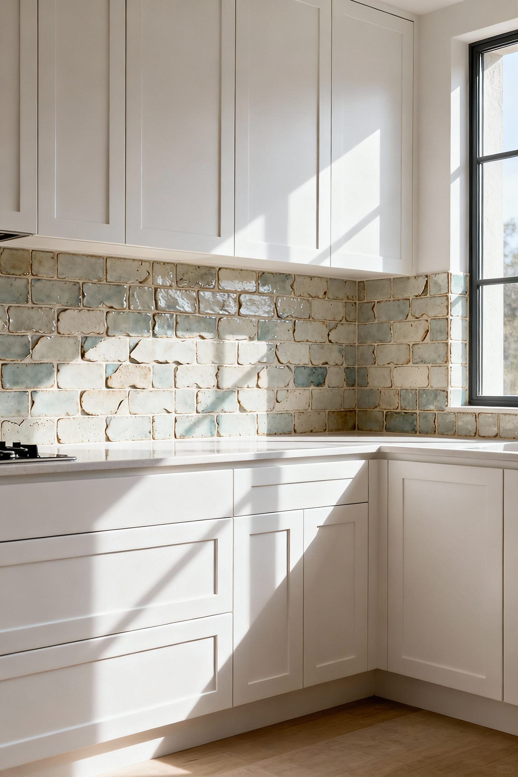 Modern kitchen with smooth white cabinets and an organic, uneven Zellige tile backsplash, showcasing texture contrast under natural light.