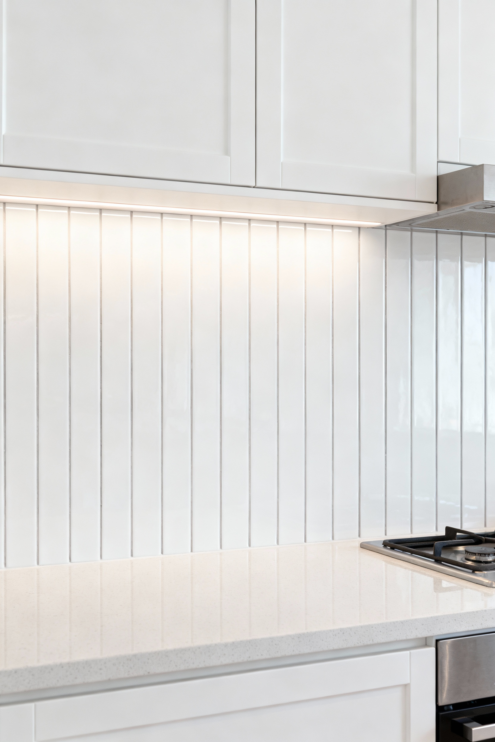 A modern kitchen featuring white Shaker cabinets and a striking pure white vertical stacked tile backsplash, extending high to create the illusion of taller ceilings, bathed in natural light.
