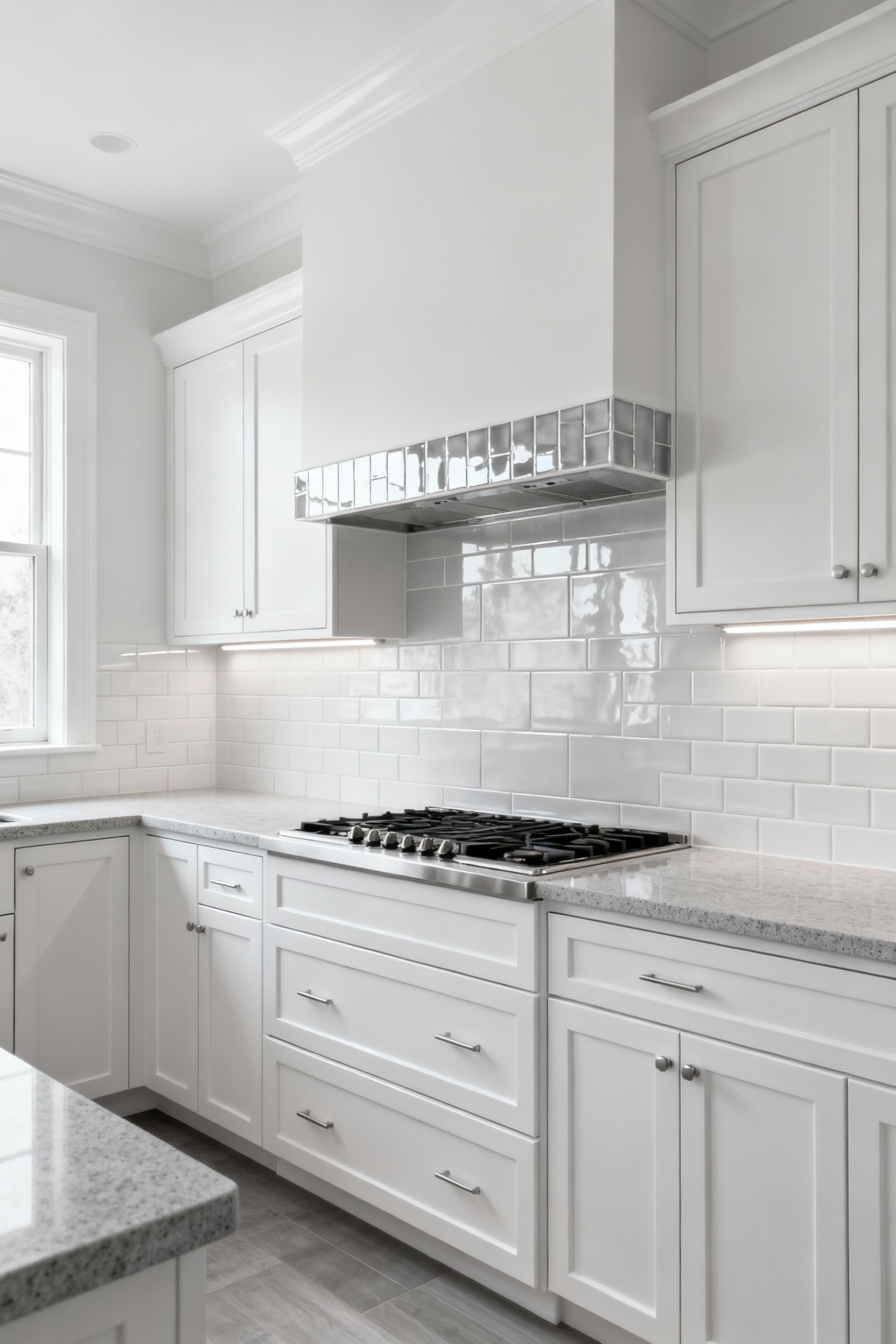 Elegant white kitchen with monochromatic backsplash featuring matte, satin, and glossy white tiles to create sophisticated visual depth.