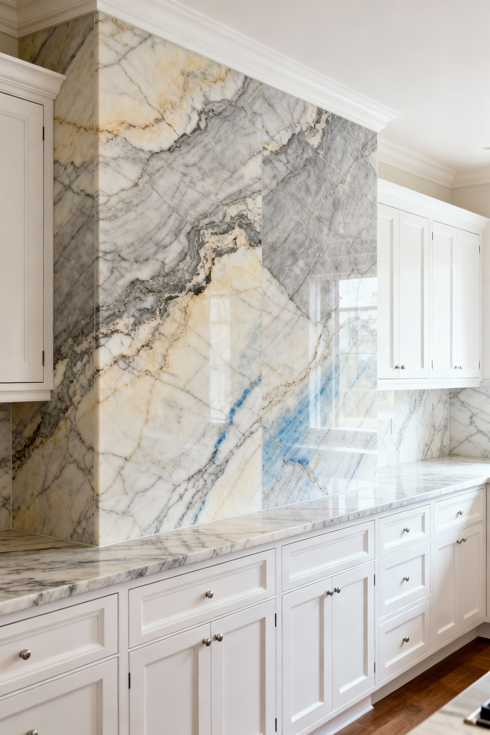 Modern kitchen with white shaker cabinets and a full-height natural stone backsplash with subtle earthy veining, showcasing elegant harmony and purity.