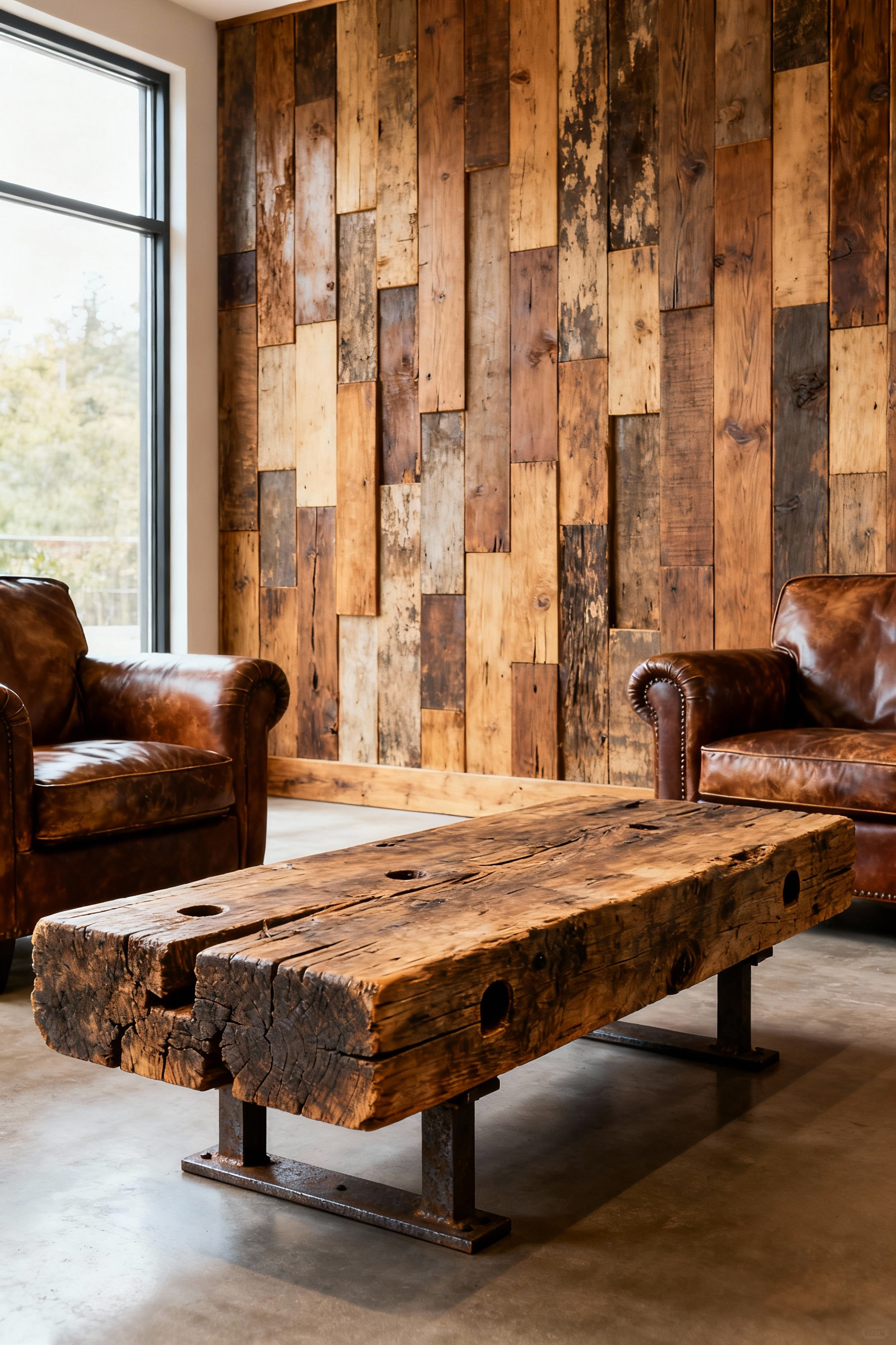 Rustic living room with a large coffee table made from a reclaimed Douglas fir beam, showcasing exposed original joint indentations. An accent wall is covered with salvaged oak planks, demonstrating adaptive reuse in furnishings.
