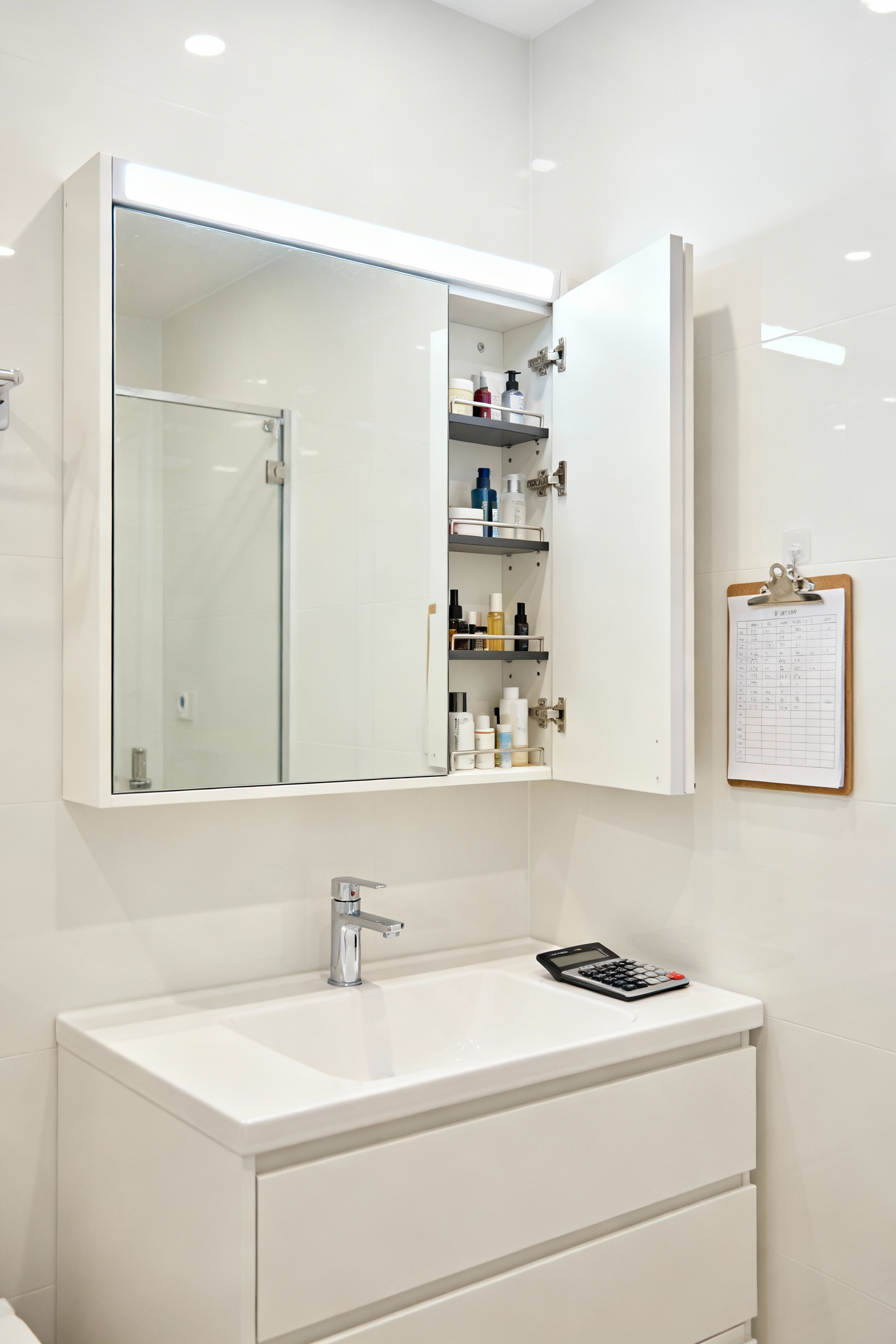 A sleek, recessed mirror cabinet in a modern small bathroom, with one door slightly open revealing adjustable shelves holding organized toiletries.