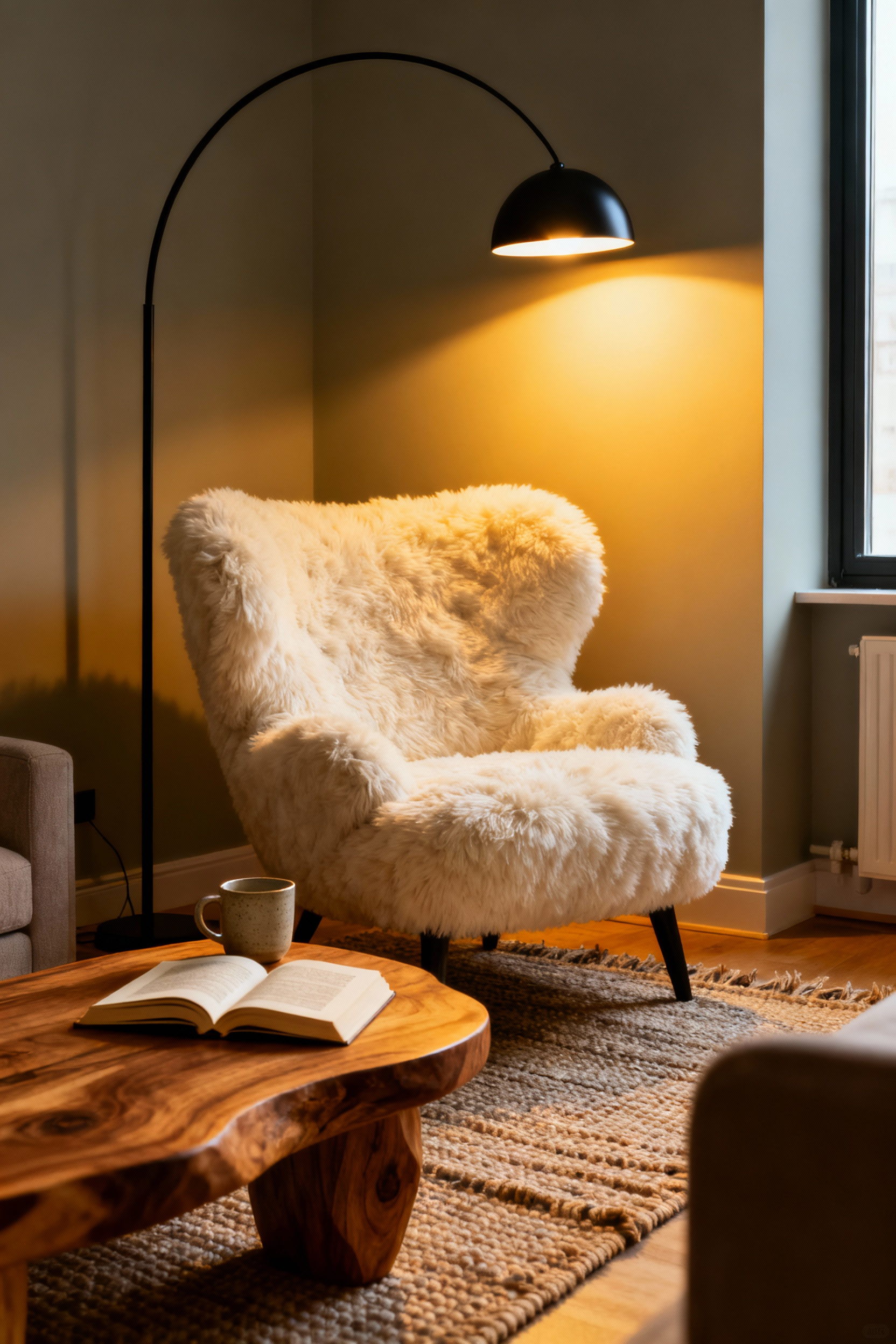 A cozy apartment reading nook defined by a sculptural cream shearling chair, dedicated brass task lighting, and a textured area rug, creating a defined micro-zone in a small living space.