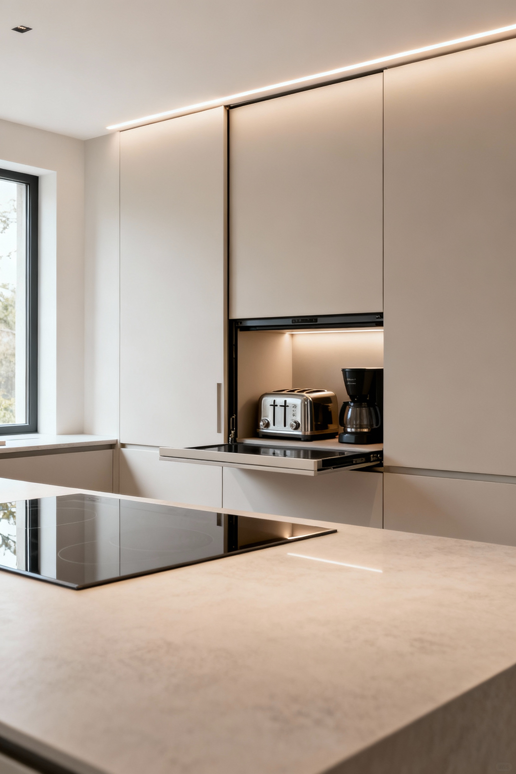 Sleek modern kitchen featuring a built-in appliance garage with pocket doors, concealing a coffee maker and toaster on a pristine, decluttered countertop.
