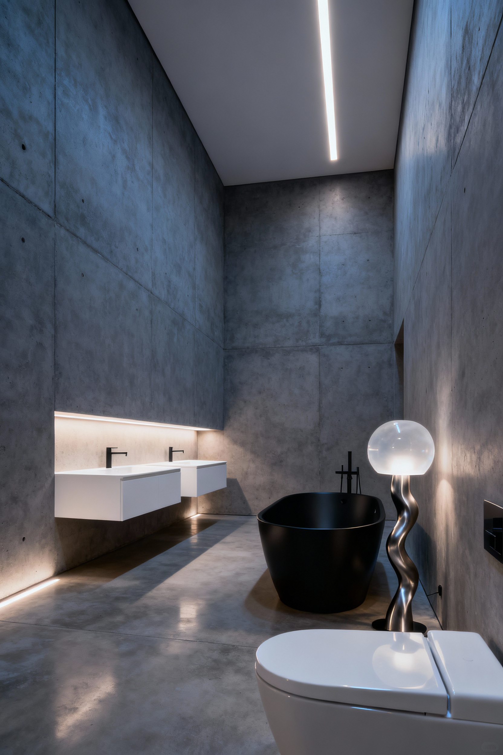 Minimalist bathroom with sophisticated architectural lighting, featuring recessed linear LEDs, hidden cove lights under a floating vanity, and a sculptural pendant light over a freestanding tub, highlighting a serene and modern design.