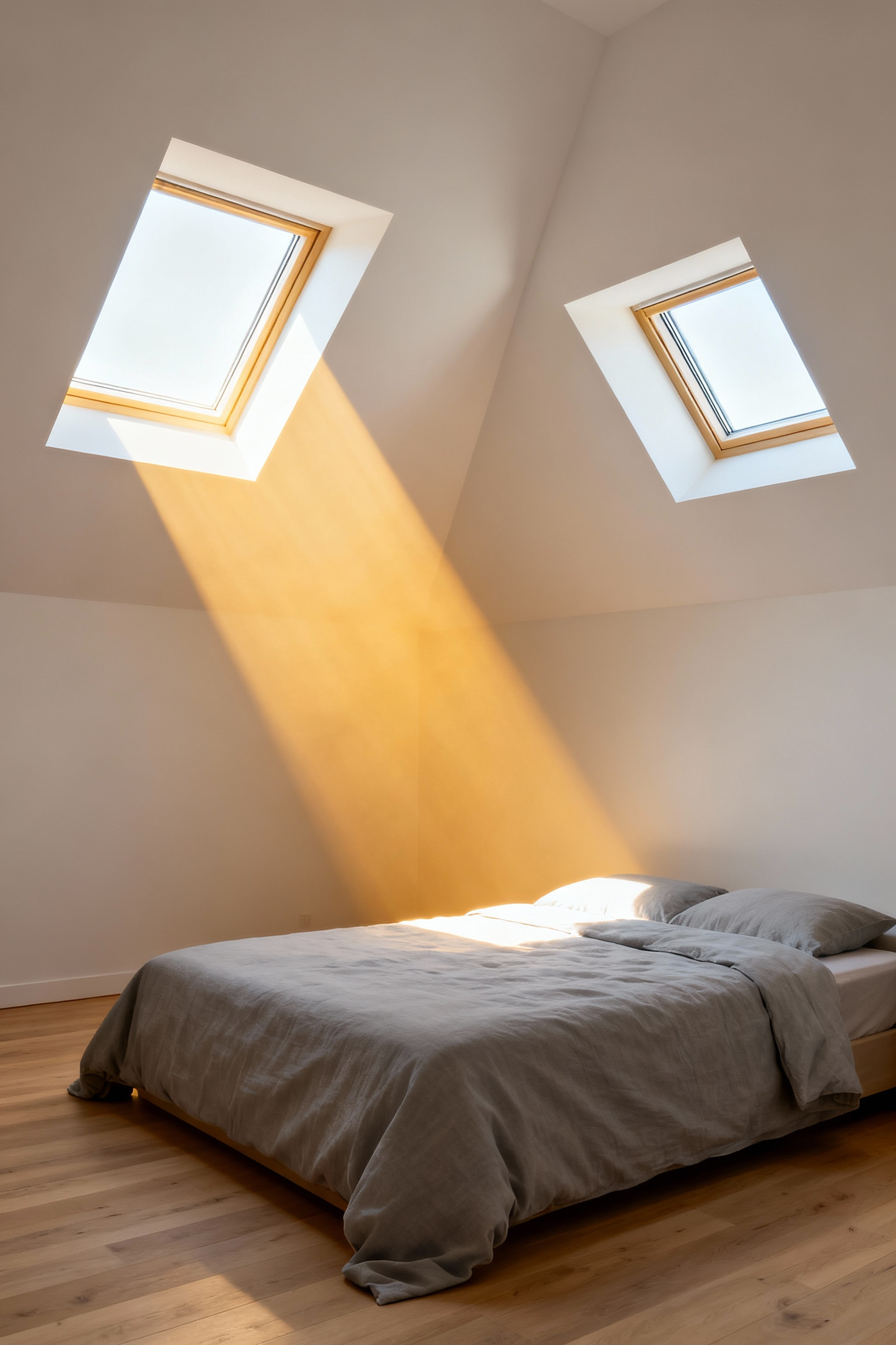 A dramatic architectural photograph showing two deep, precisely framed skylight light wells illuminating a modern white attic bedroom conversion.