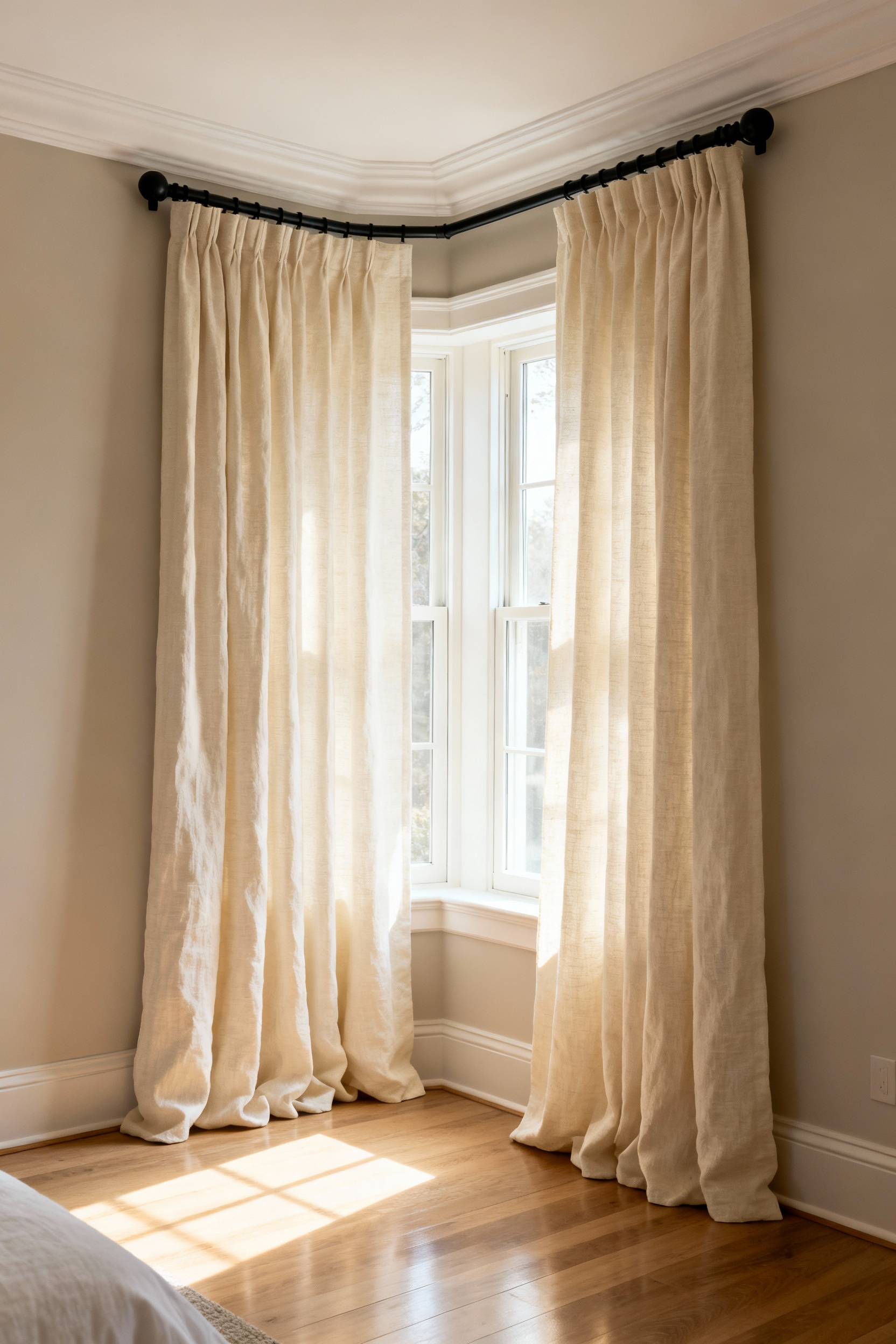 Floor-to-ceiling cream linen drapery installed high near the crown molding, extending wide past the window frame to create a soft, restorative architectural effect in a luxury bedroom.