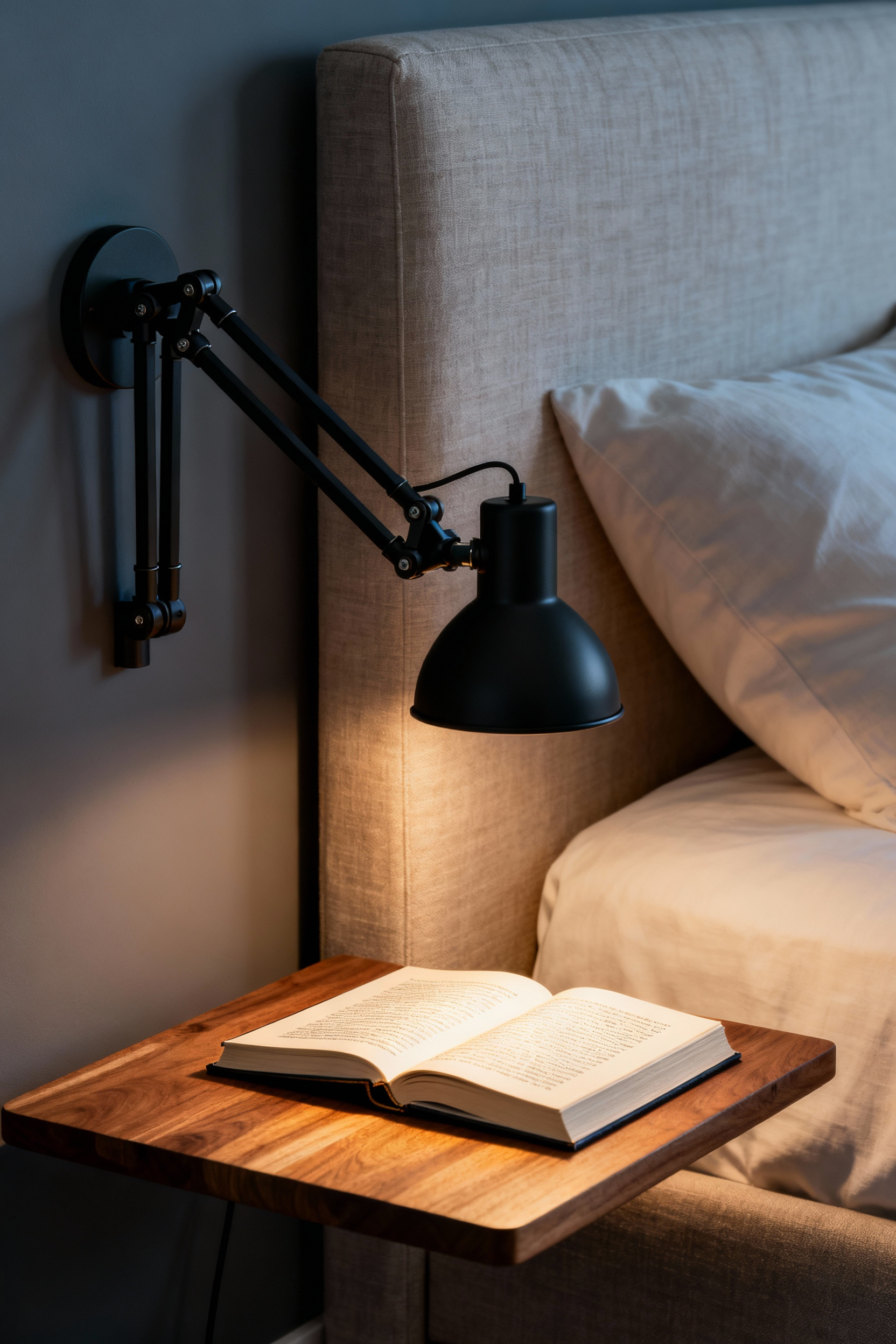 A photograph of a sleek, matte black articulated wall sconce positioned over an open book on a wooden nightstand in a luxurious, neutral-toned bedroom, demonstrating ergonomic bedside reading light.