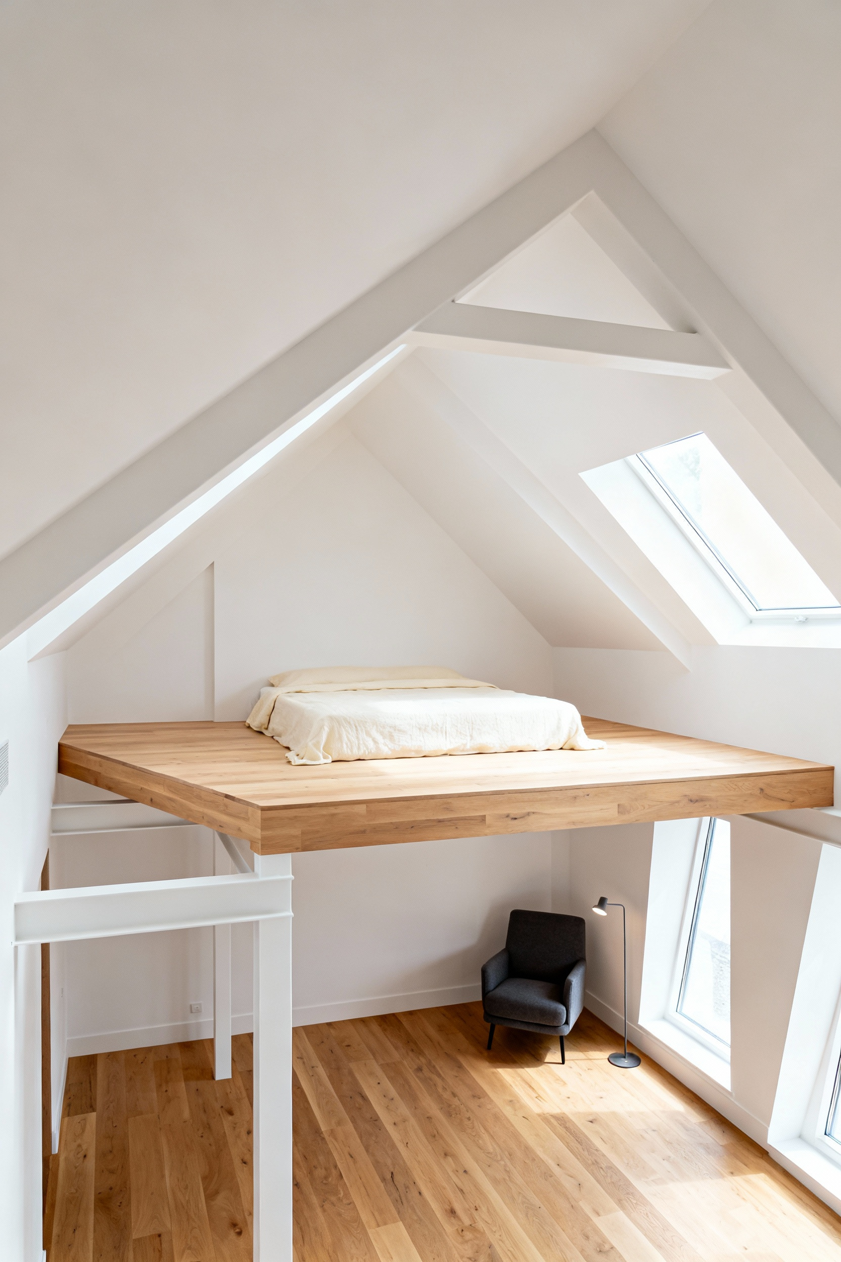 Elevated bleached oak platform bed in a modern white attic bedroom, illustrating multi-level zoning and integrated storage underneath the raised sleeping area.
