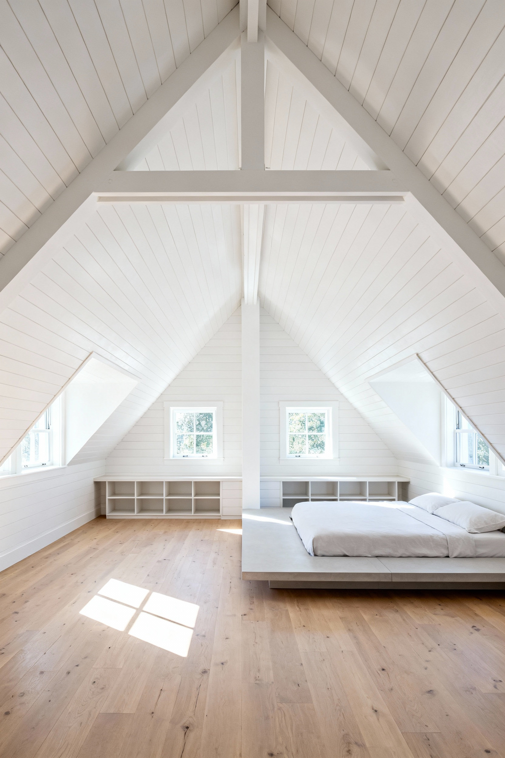 Architectural view of a modern attic bedroom layout showing the high-ceiling central area cleared for high-traffic walking paths, illustrating the essential headroom mapping strategy.