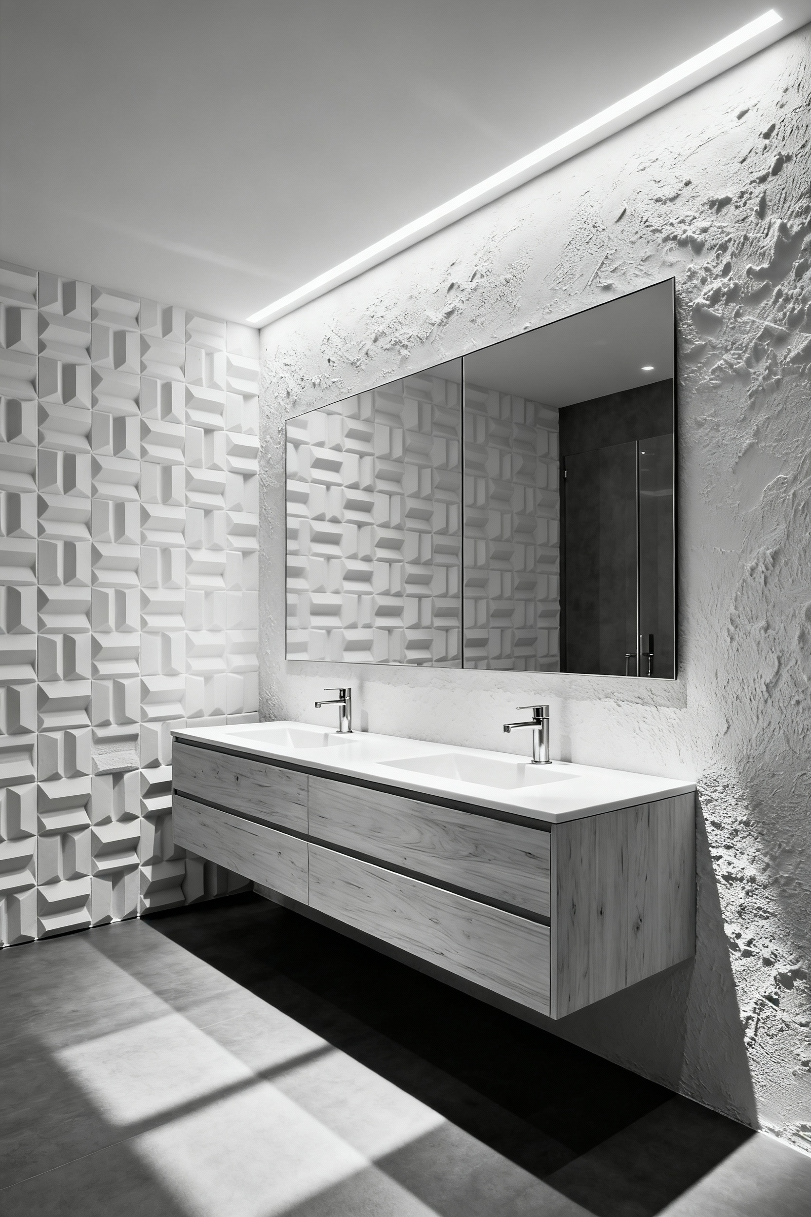 Monochromatic luxury bathroom wall clad in matte white 3D architectural relief tiles, with strong directional cove lighting emphasizing the dramatic light and shadow interplay of the texture.