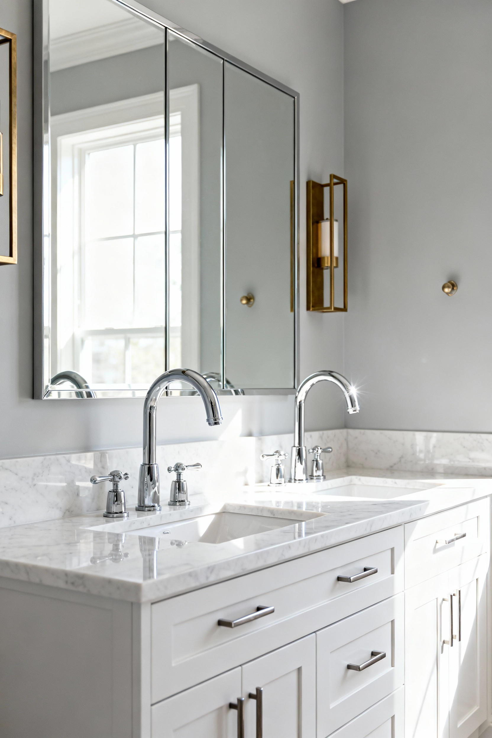 A stylish bathroom vanity demonstrating the 70/30 rule for mixing metals, featuring large polished chrome fixtures balanced by smaller brushed brass hardware and mirror accents.