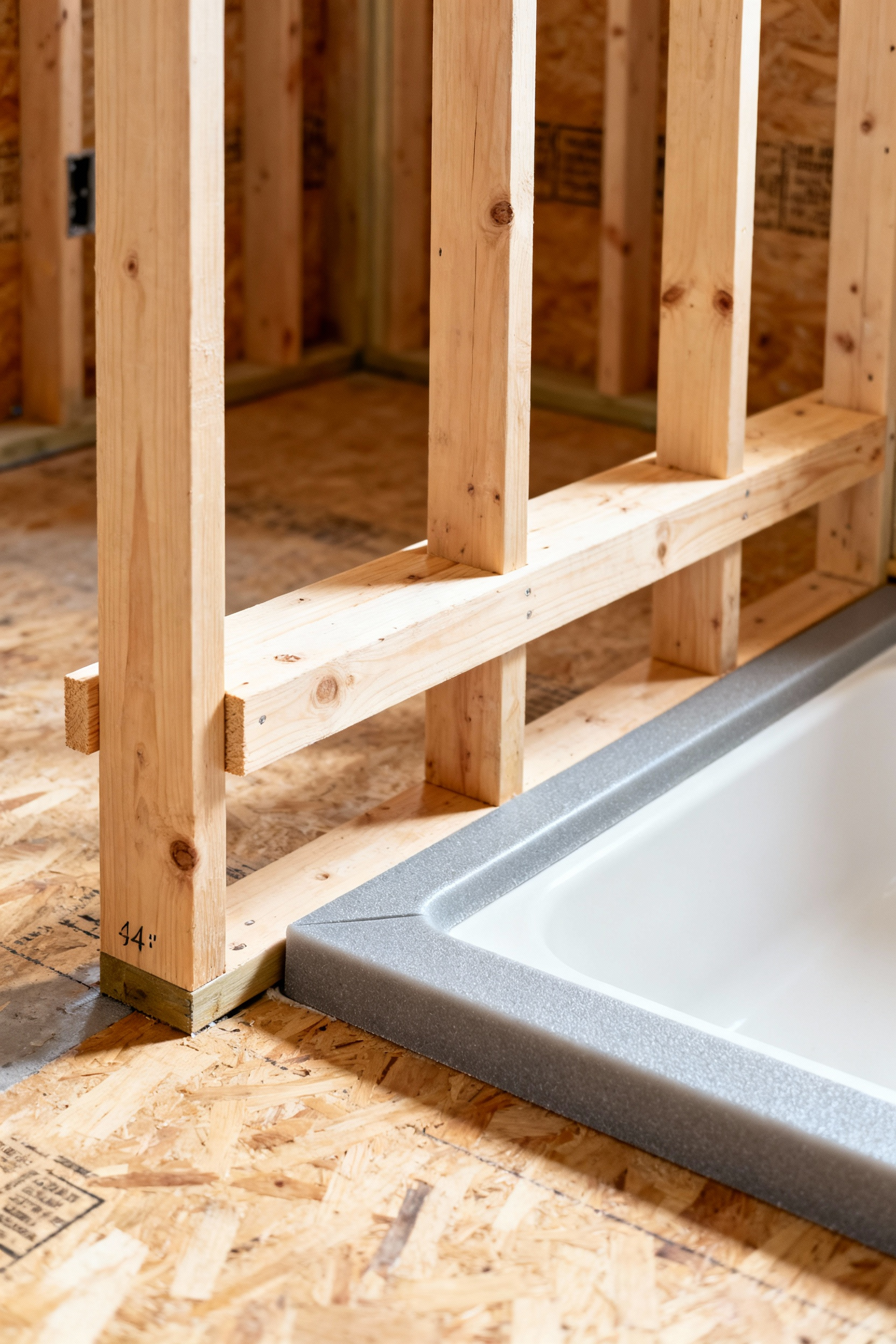 Structural wood blocking installed horizontally between wall studs in a bathroom renovation, preparing the wall for future grab bars and accessibility supports before cement board and tile are installed.