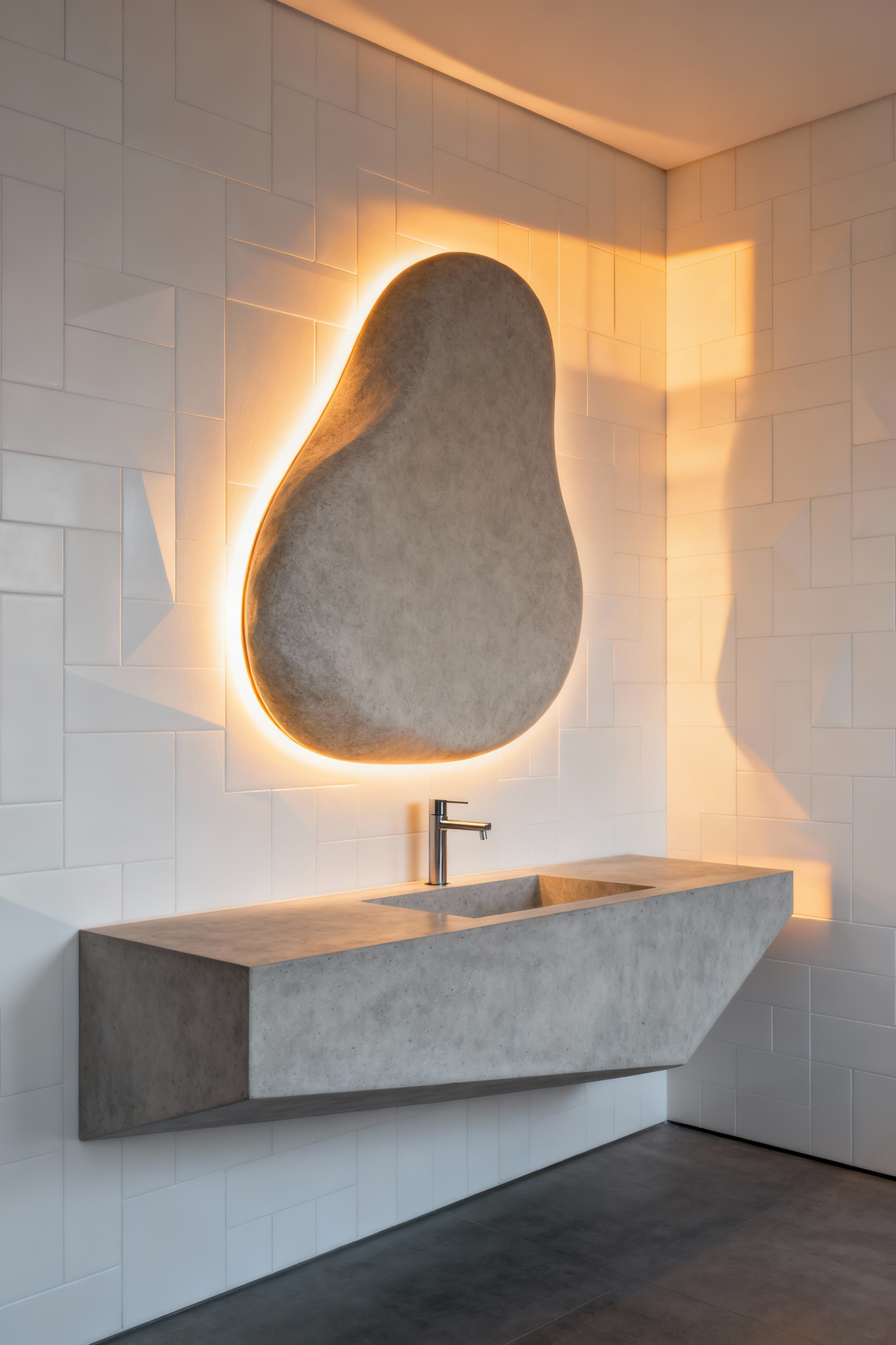 Modern bathroom with a large, warm backlit asymmetrical mirror disrupting the rigid lines of rectangular tile walls and a concrete vanity.
