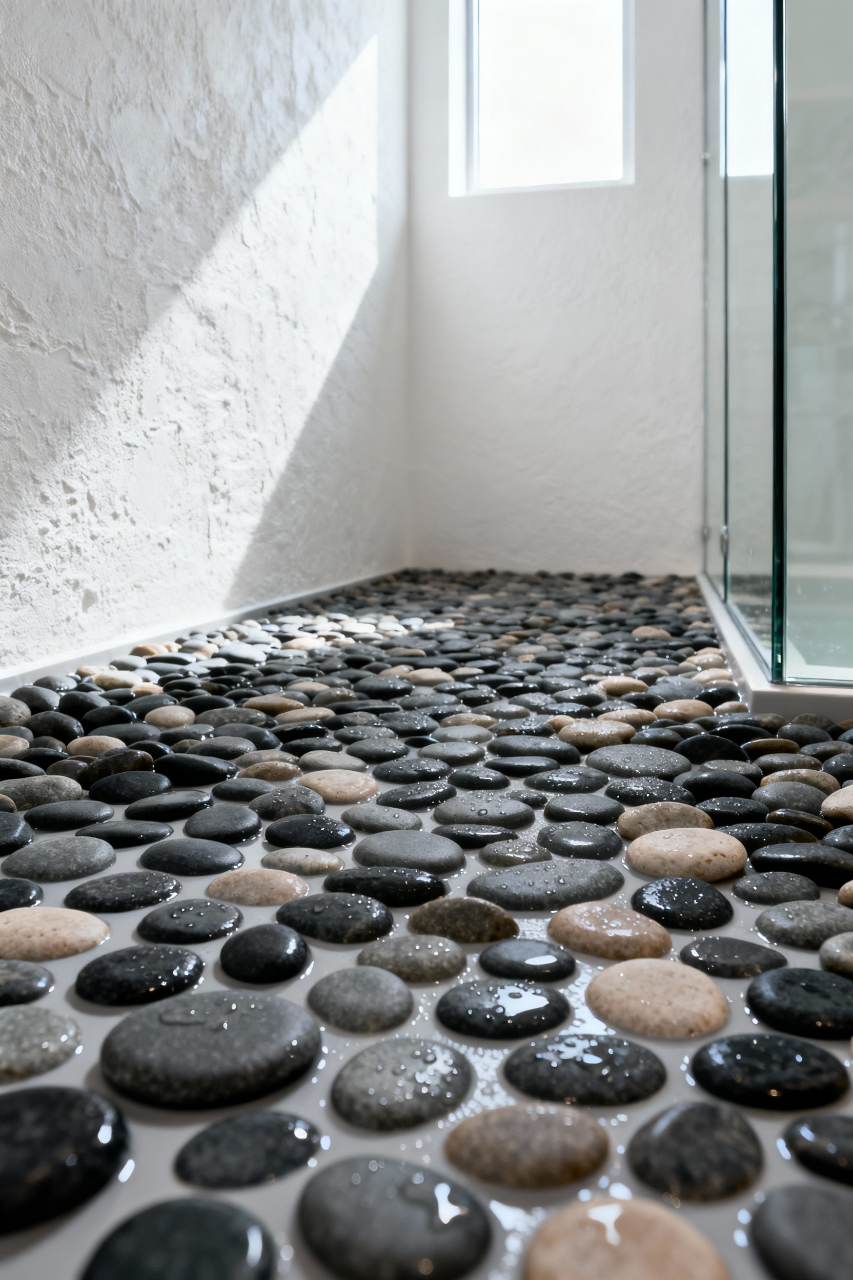 Detailed image of an organic river pebble matrix flooring in a modern, minimalist walk-in shower, designed to enhance grip and provide therapeutic sensory stimulation.