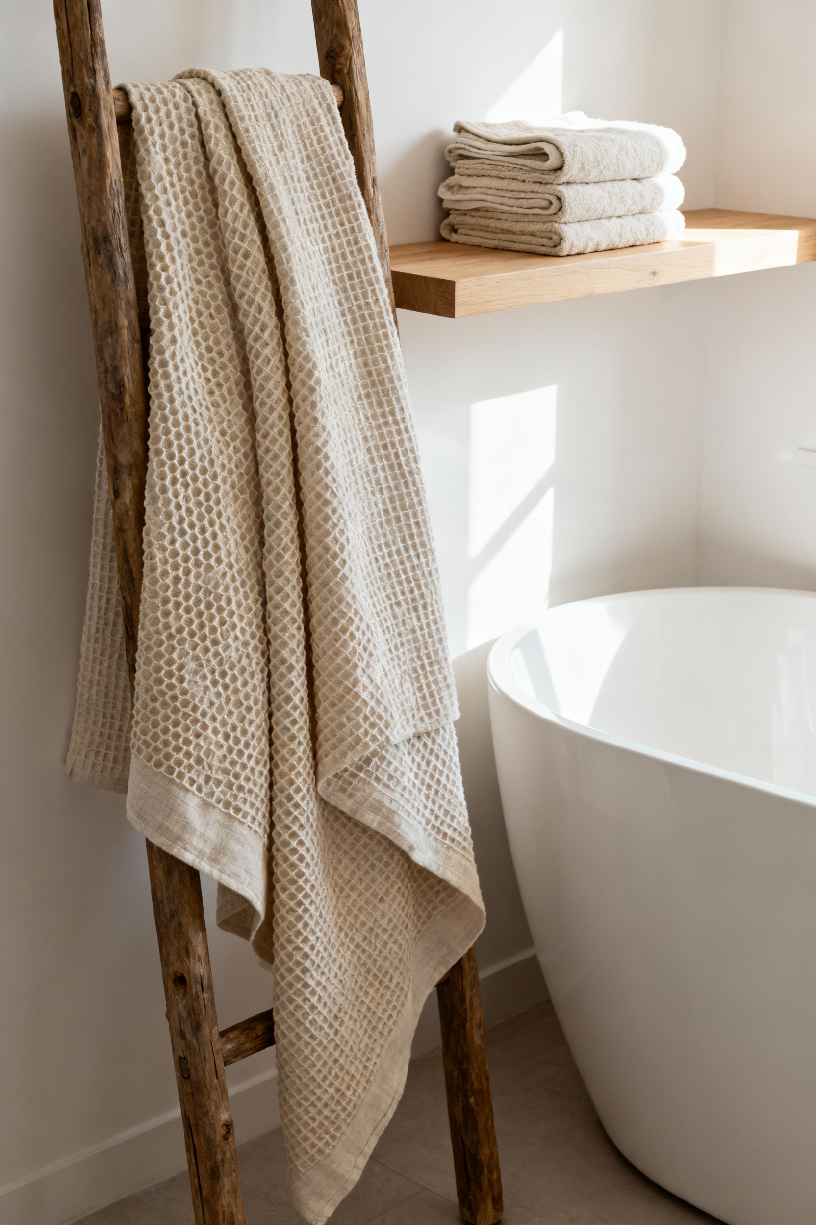 A minimalist bathroom scene displaying a contrast of tactile organic textiles, featuring stacked raw cotton towels and a draped waffle-weave linen bath sheet on a light wooden ladder.